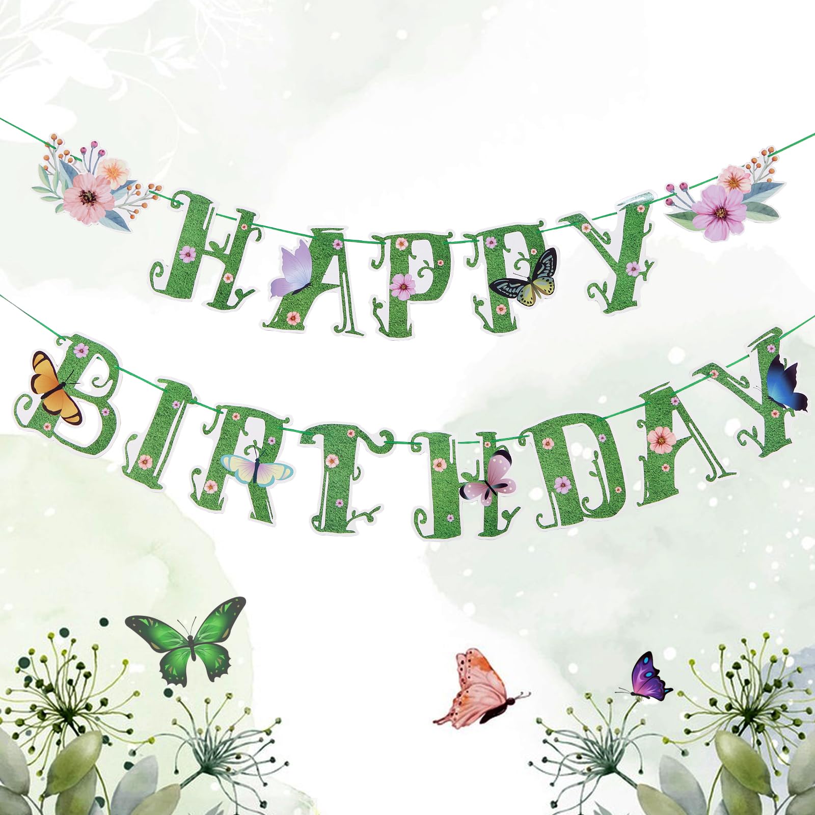 EASY JOY Sage Green Happy Birthday Banners Pre-Strung Spring Summer Floral Flower Banners Butterfly for Garden Enchanted Forest Birthday Party Decorations