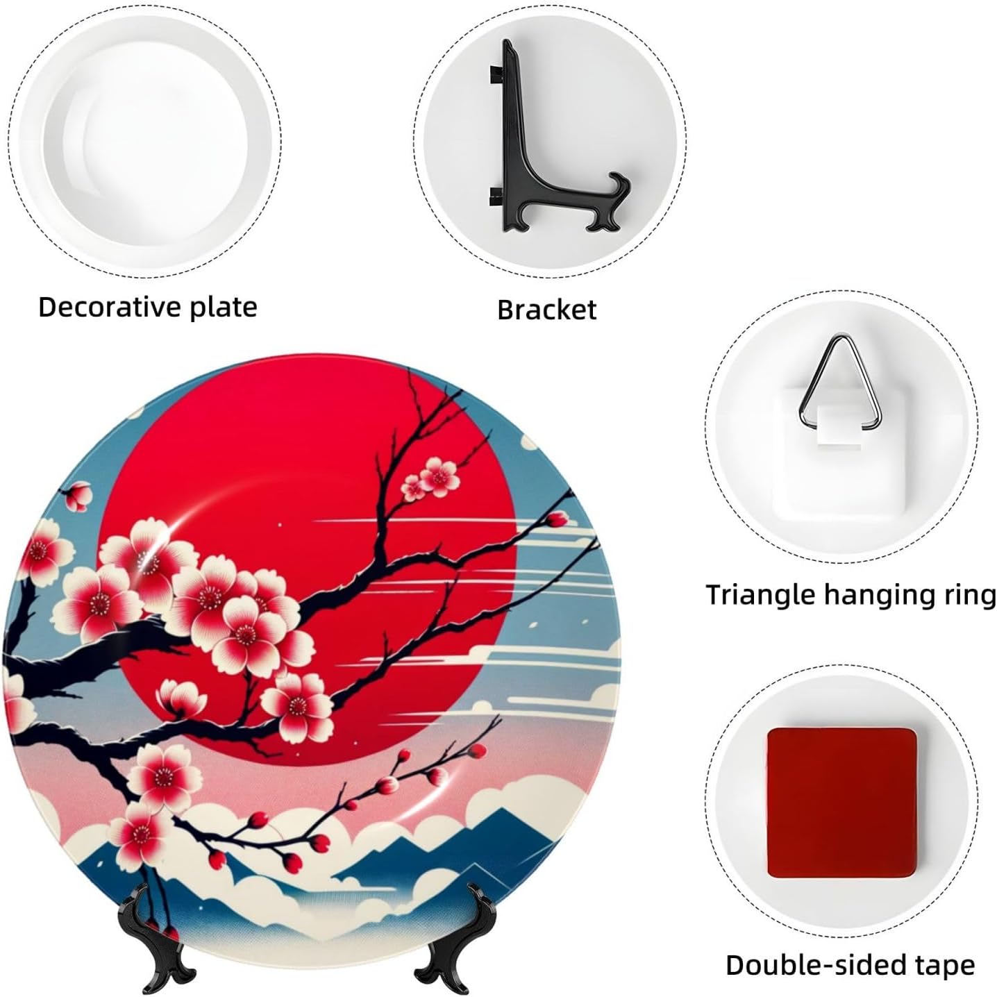 Japan-Cherry-Sun 10 Inch Decorative Plate With Stand, Elegant Display Wall Plate For Home Decor
