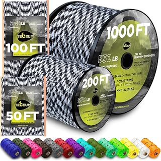 TECEUM 5/32" Paracord Rope 1000 – 1000ft / 200ft / 100ft / 50ft – Tactical Parachute Cord 4mm – 45+ Colors – Nylon String for Survival & Camping Gear – Stripe Cord for Survival – Utility Rope