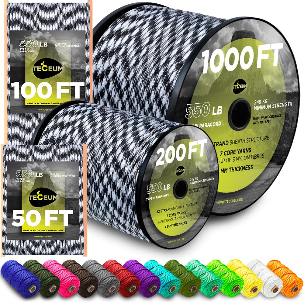 TECEUM Paracord Type III 550 Urban Camo – 60 m – 4mm – Tactical Rope MIL-SPEC – Outdoor Para Cord – Camping Hiking Fishing Gear and Equipment – Parachute Cord – Strong Survival Rope (200ft) 1607m — image 1