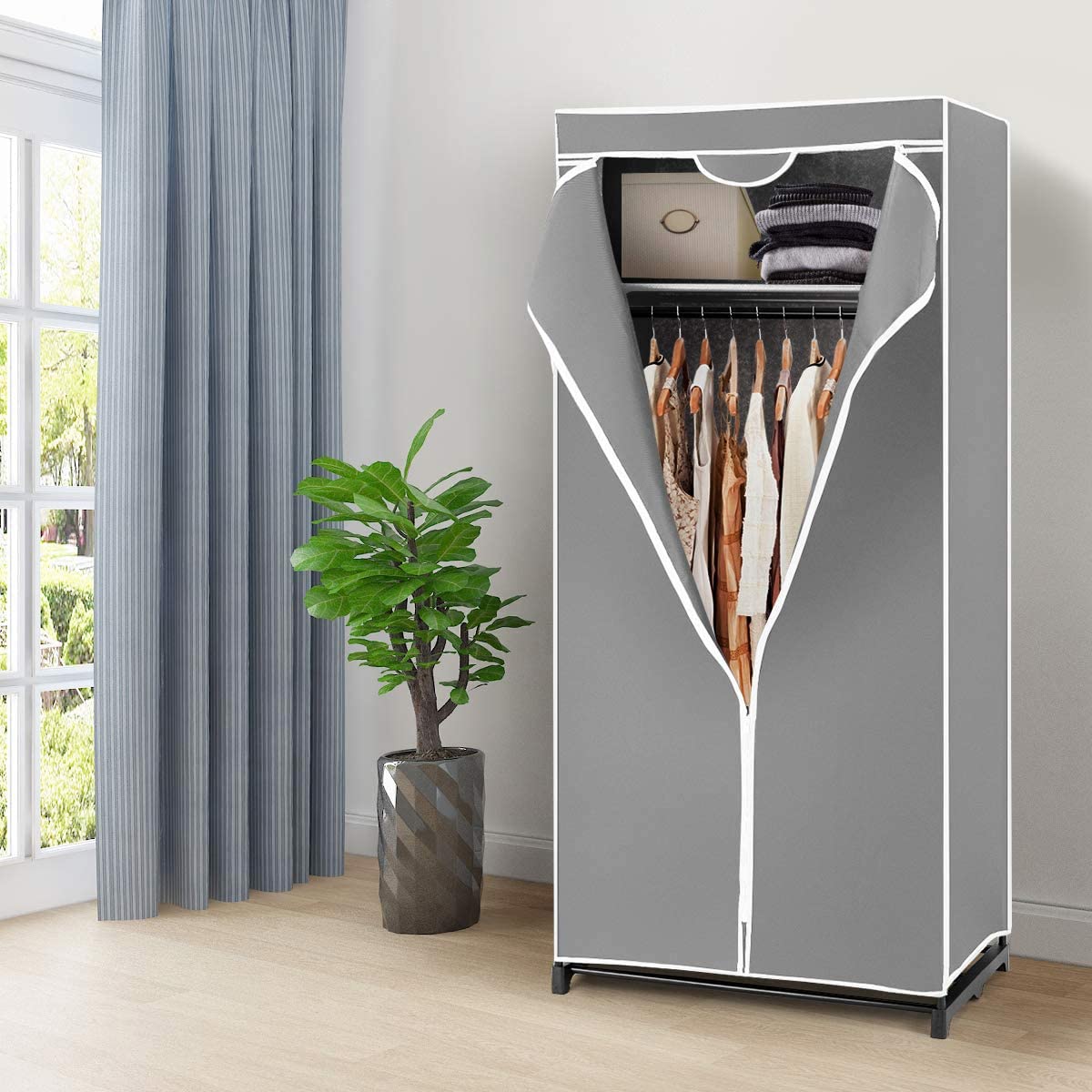 GIANTEX Armadio in Tessuto con Struttura in Metallo, Guardaroba Pieghevole con Asta Appendiabiti e Copertura Antipolvere, Armadio Singola Salvaspazio da Campeggio, 74 x 50 x 172 cm (Grigio)