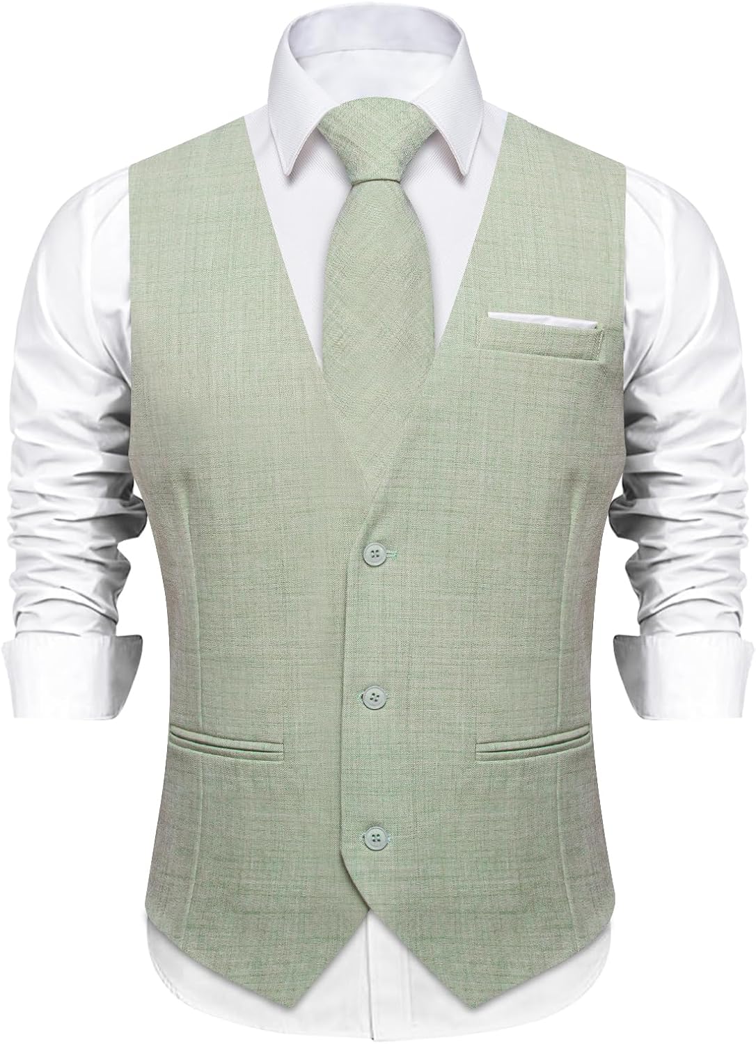 DiBanGu Mens Linen Suit Vest Casual Waistcoat and Necktie & Pre-tied Bowtie Set 6PCS Solid Color Dress Vest for Wedding Party - Image 2