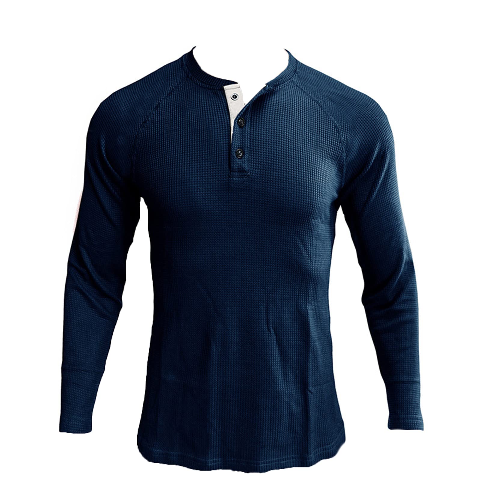 Men's Henley Shirt Long Sleeve Waffle Thermal Underwear Henley Top Casual Slim Fit Lightweight 3 Button T Shirts (Blue,Large)