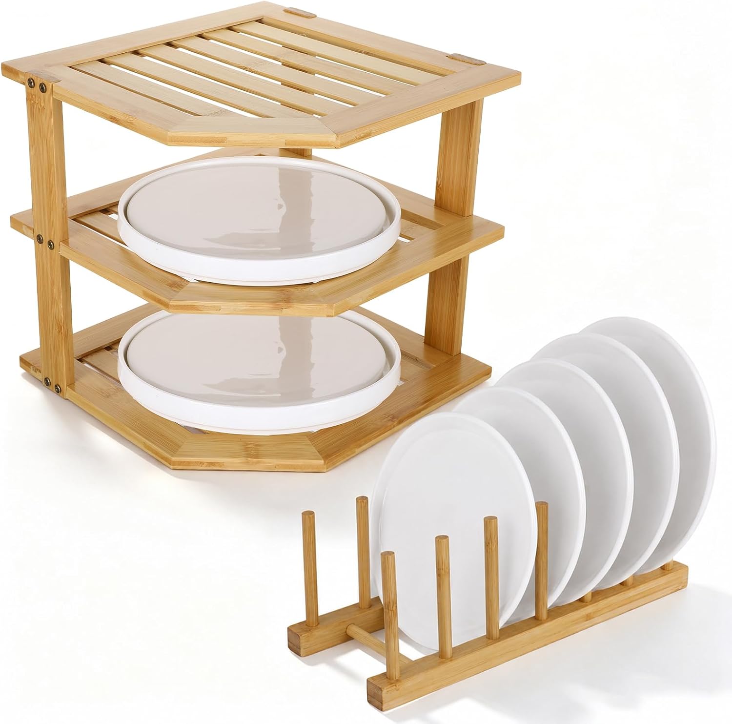 2 Pack Bamboo Plate Organizer, 3 Tier Corner Shelf & Vertical Plate Holder