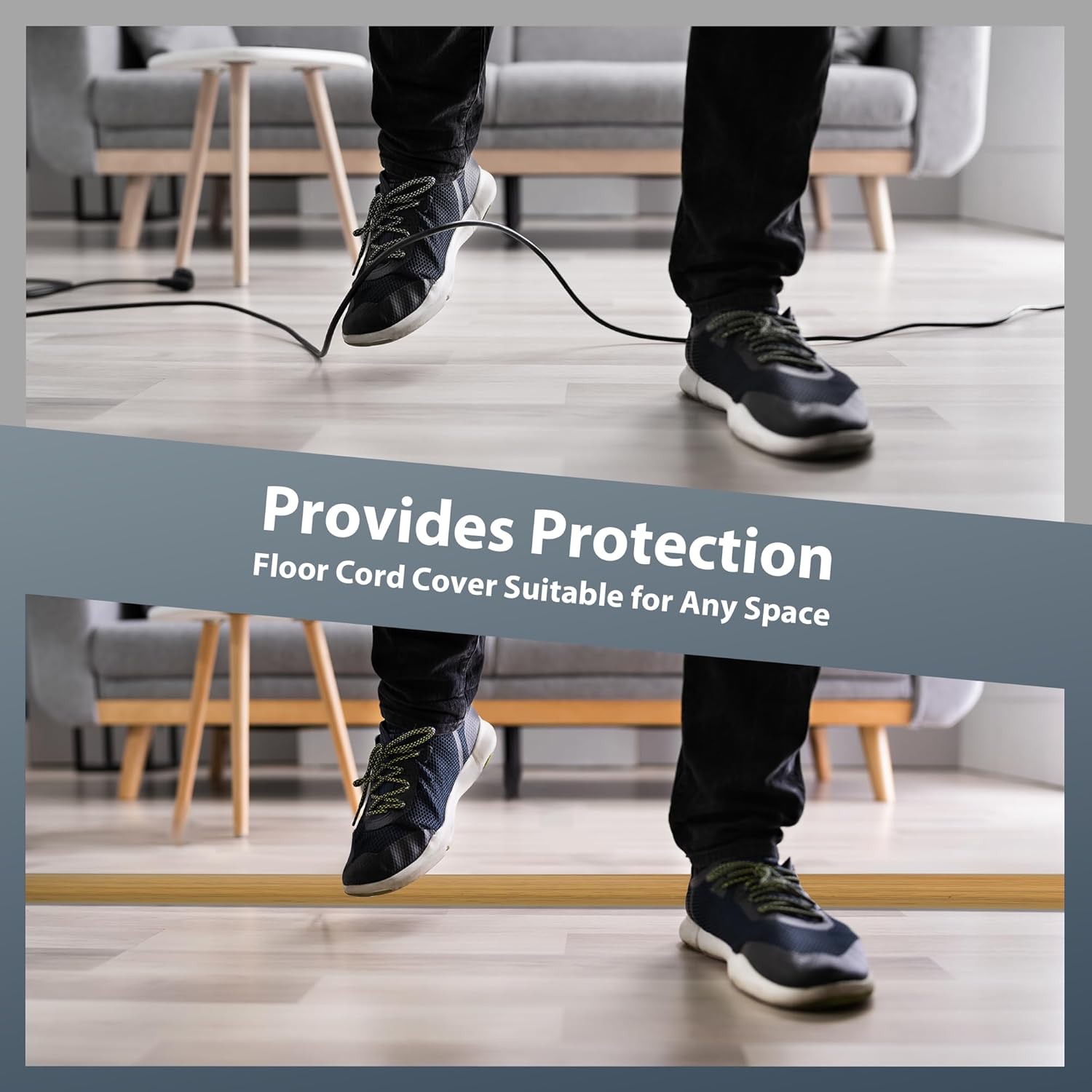Self Adhesive Cord Cover Floor, 10FT Cable Hider Prevent Cable Trips, Floor Cable Covers for Cords, Hide Extension Cord Hider, Protector Cable Cavity: W 0.47" x H 0.28", Yellow Oak Wood