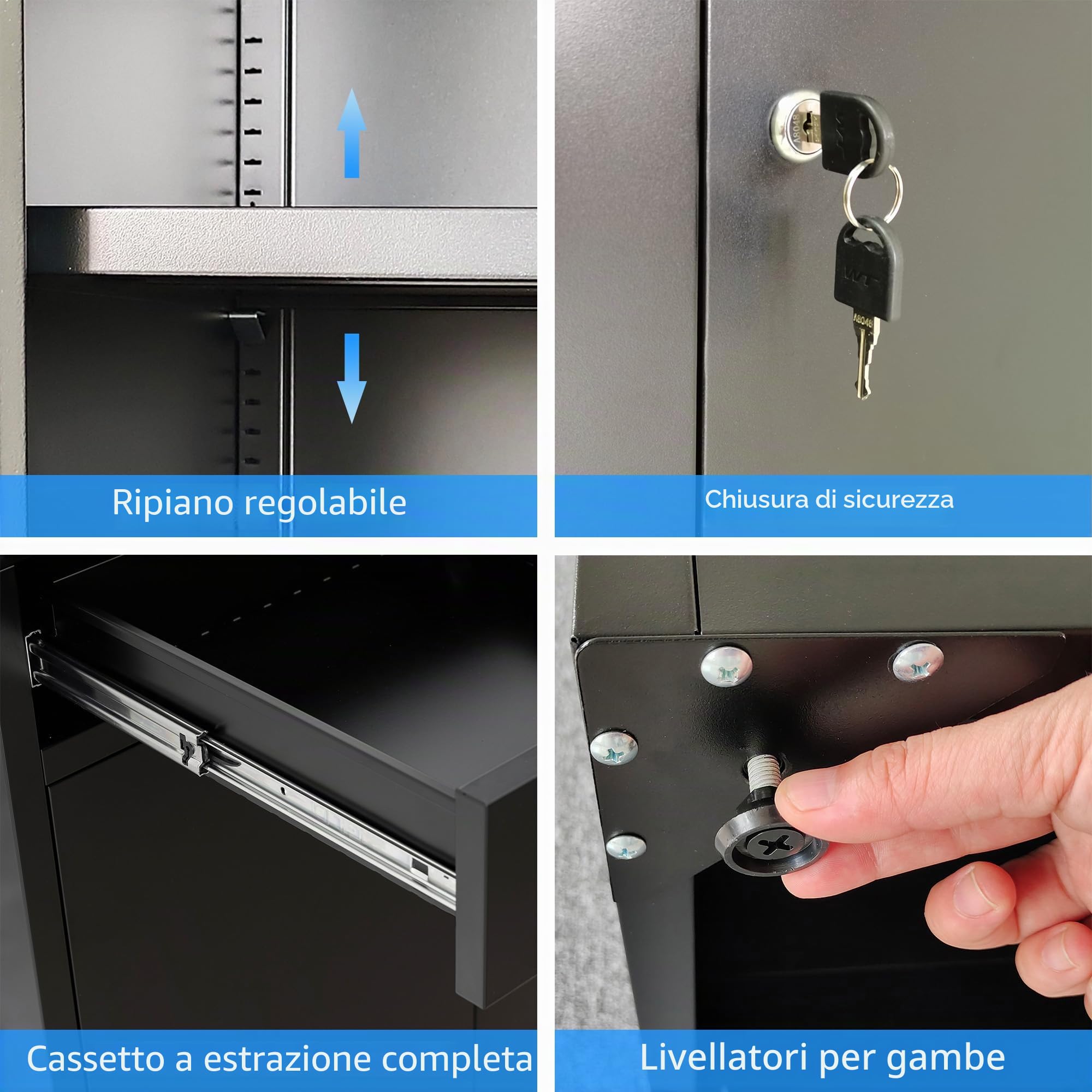 JINGUR Armadietto portaoggetti in metallo con anta e cassetto richiudibile, cassettiera richiudibile con ripiano regolabile per casa, ufficio, camera da letto, soggiorno, (nero)