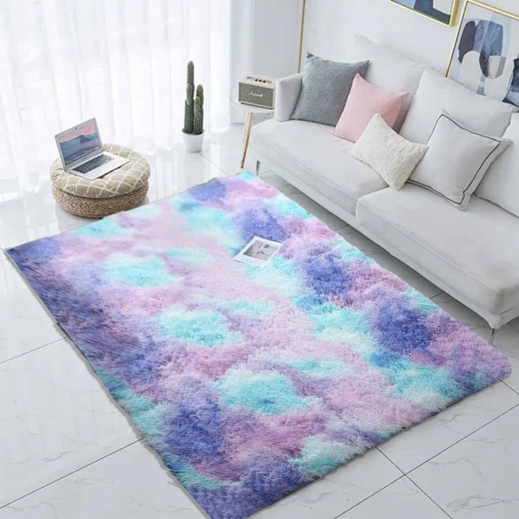 Moquette salon 190 x 200 cm tapis salon bleu à poils longs