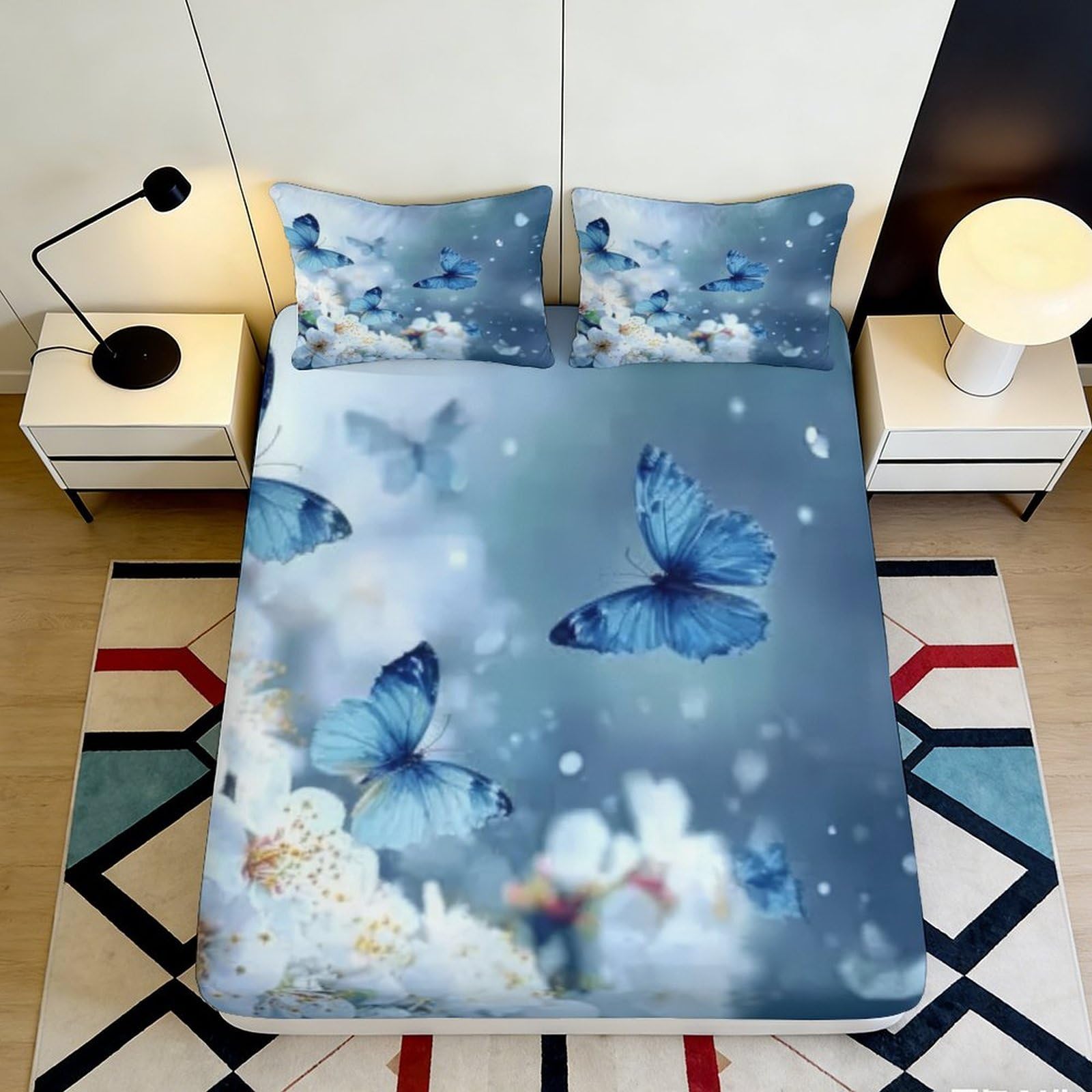 Dhbaneiok Style-8 3D Printed Blue Butterfly Fitted Sheet Microfiber Soft Breathable Dreamy Sky Mattress Cover Bedroom Decor 90X200x25cm