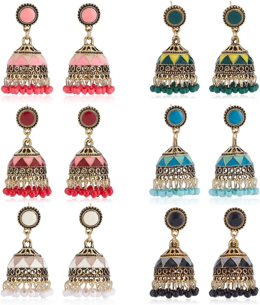 ANATTASOUL 6 Pairs Jhumkas Indian Earrings Vintage Indian Earrings for Women Boho Gold Plated Multicolor Bell Faux Pearl Tassel Dangle Drop Gypsy Bollywood Statement Earring Fashion Jewelry