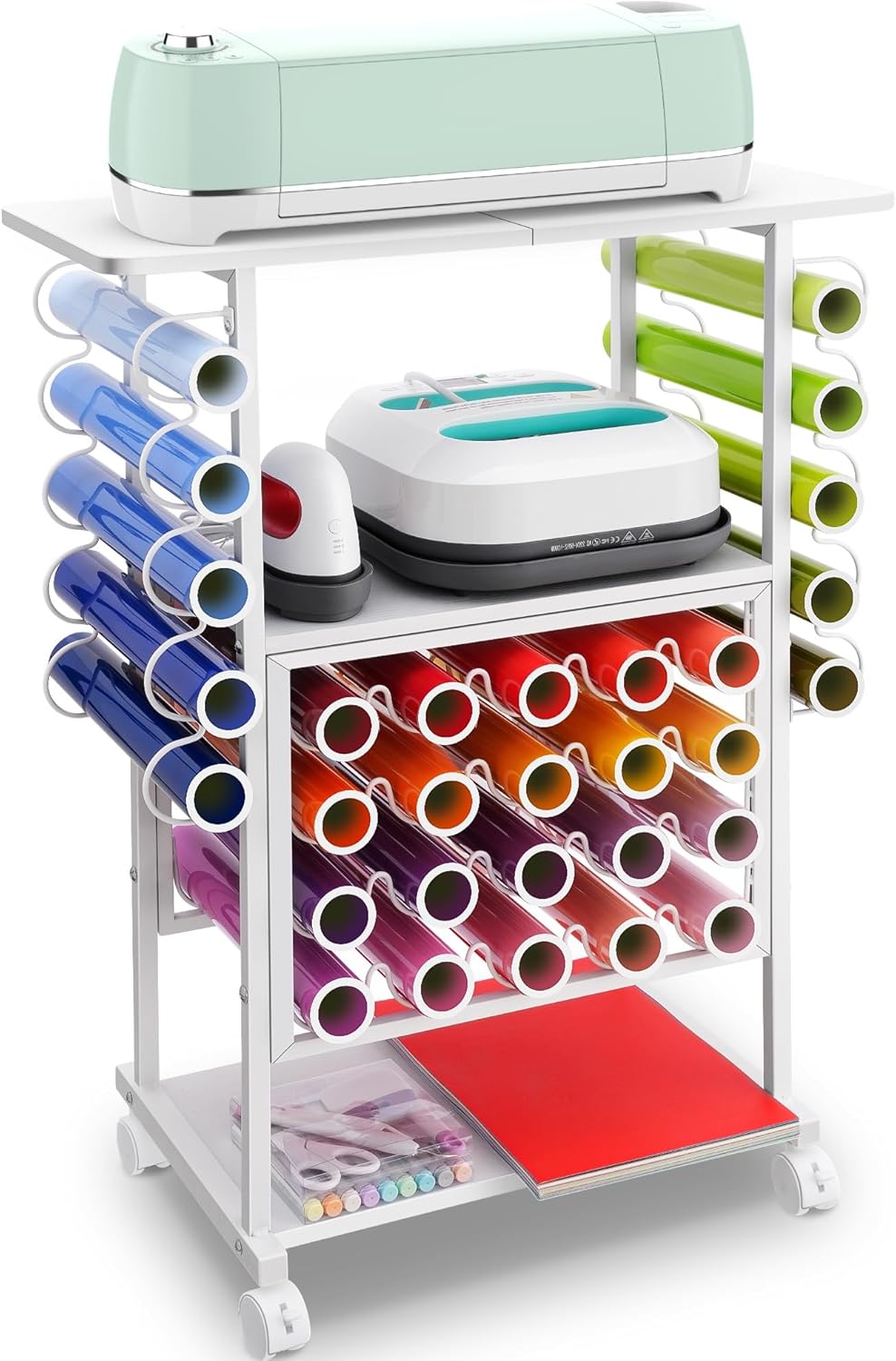 30 Vinyl Roll Holders for Cricut Cart, Organization and Storage Compatible with Cricut Maker Machine, Crafting Table Organization Workstation for Craft Room, Rolling Craft Cart for Small Spaces, White