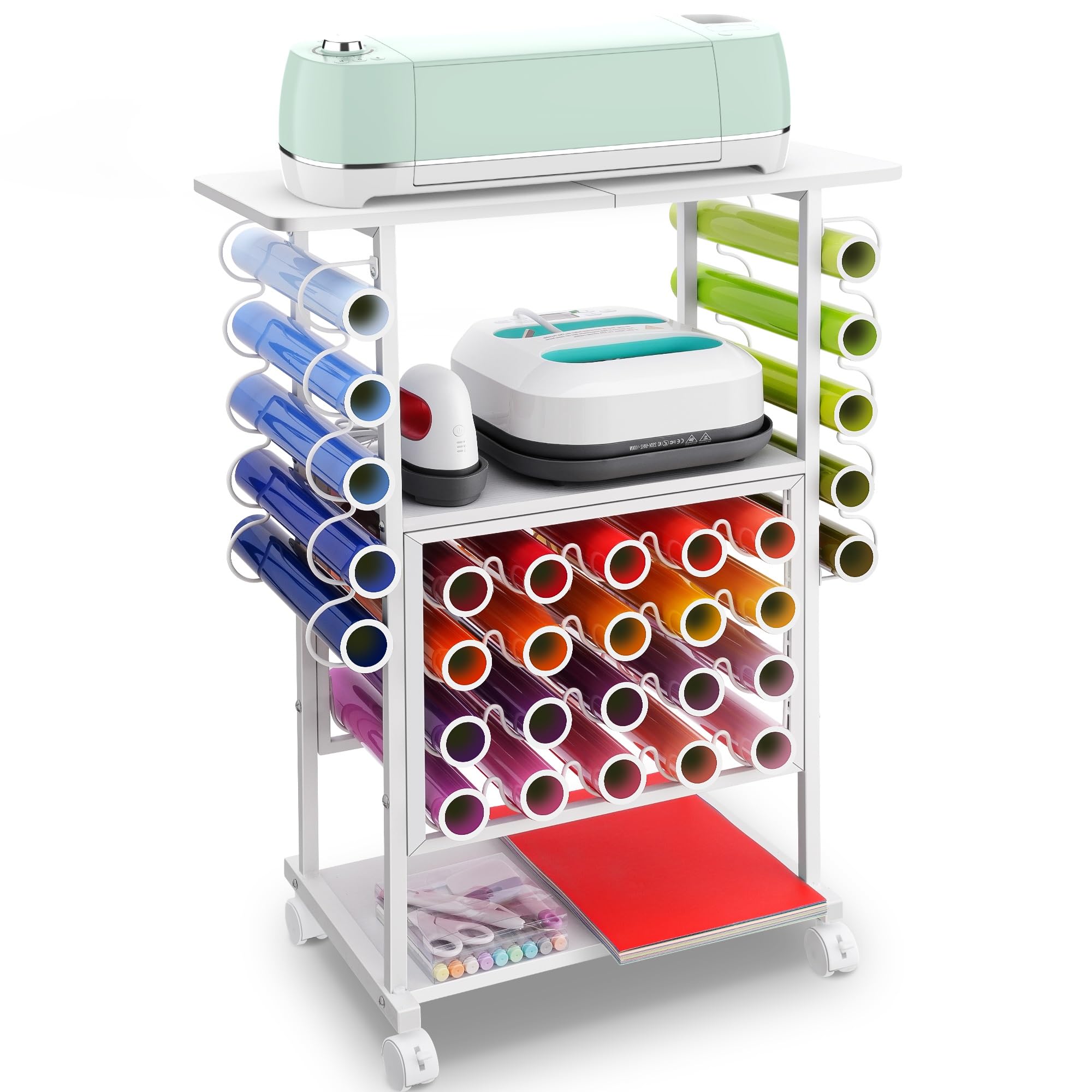 Jchccu White 30 Vinyl Roll Holders For Cricut Cart, Organization And Storage Compatible With Cricut Maker Machine, Crafting Table Organization Workstation For Craft Room, Rolling Craft Cart For Small Spaces,