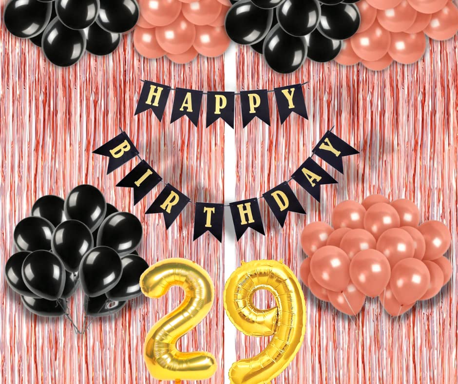 Image of 29th Birthday Decoration items for Girls with Black and Rose Gold Balloons, Black Happy Birthday Banner, Rose Gold Foil Curtain, Foil Balloon number 29