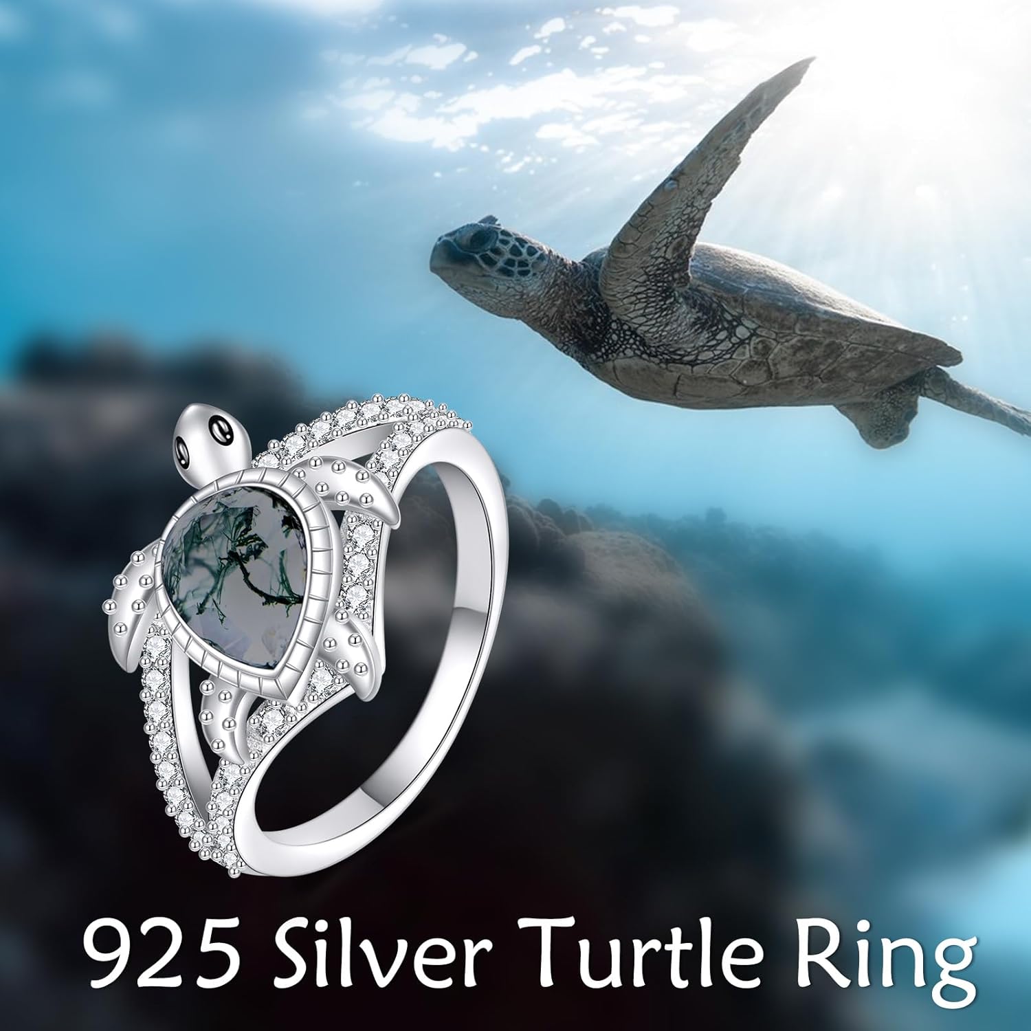 KZX Sea Turtle Ring 925 Sterling Silver Moss Agate Turtle Ring Jewelry Gift for Women Size 6/7/8/9 - Image 6