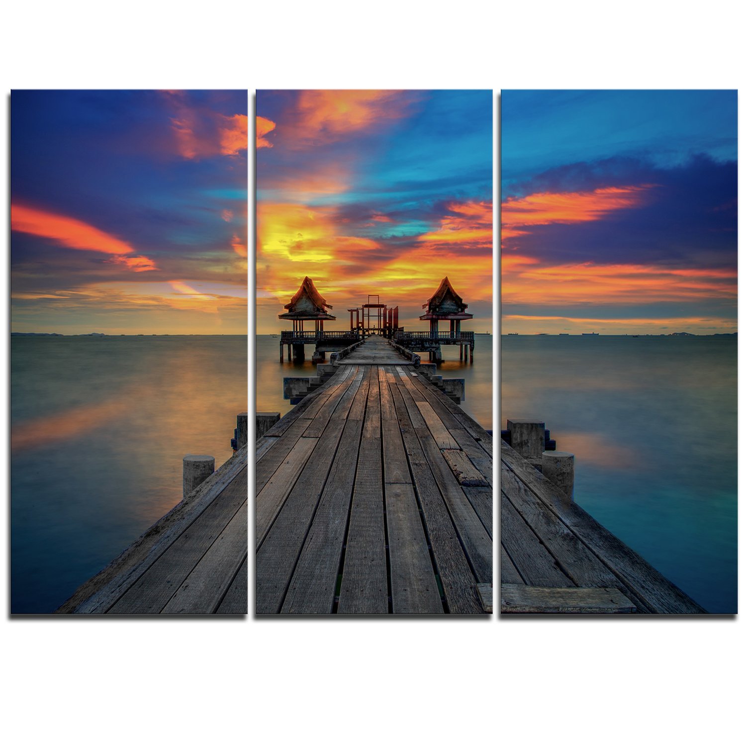 Design Art Wide Wooden Bridge into Distant Sun-Sea Pier Wall Canvas Art Print-36x28in-Multipanel 3 Piece, 36x28-3 Panels