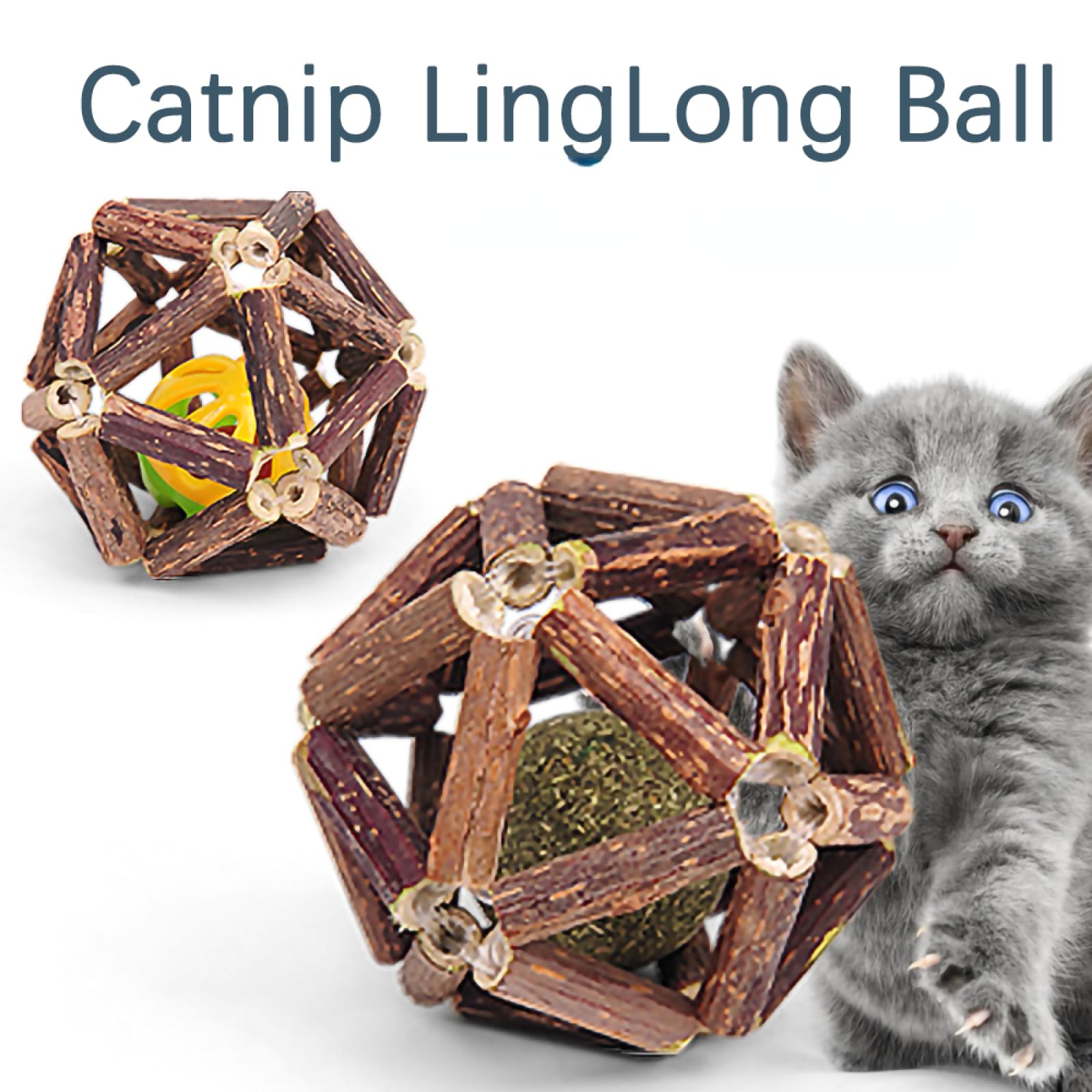 Juguetes para Gatos, Juguetes for Gatos, Pelotas de Hierba gatera, Juguete Interactivo for Gatitos, Limpieza Dientes, Bolas Madera Natural saludables, 2 Unidades