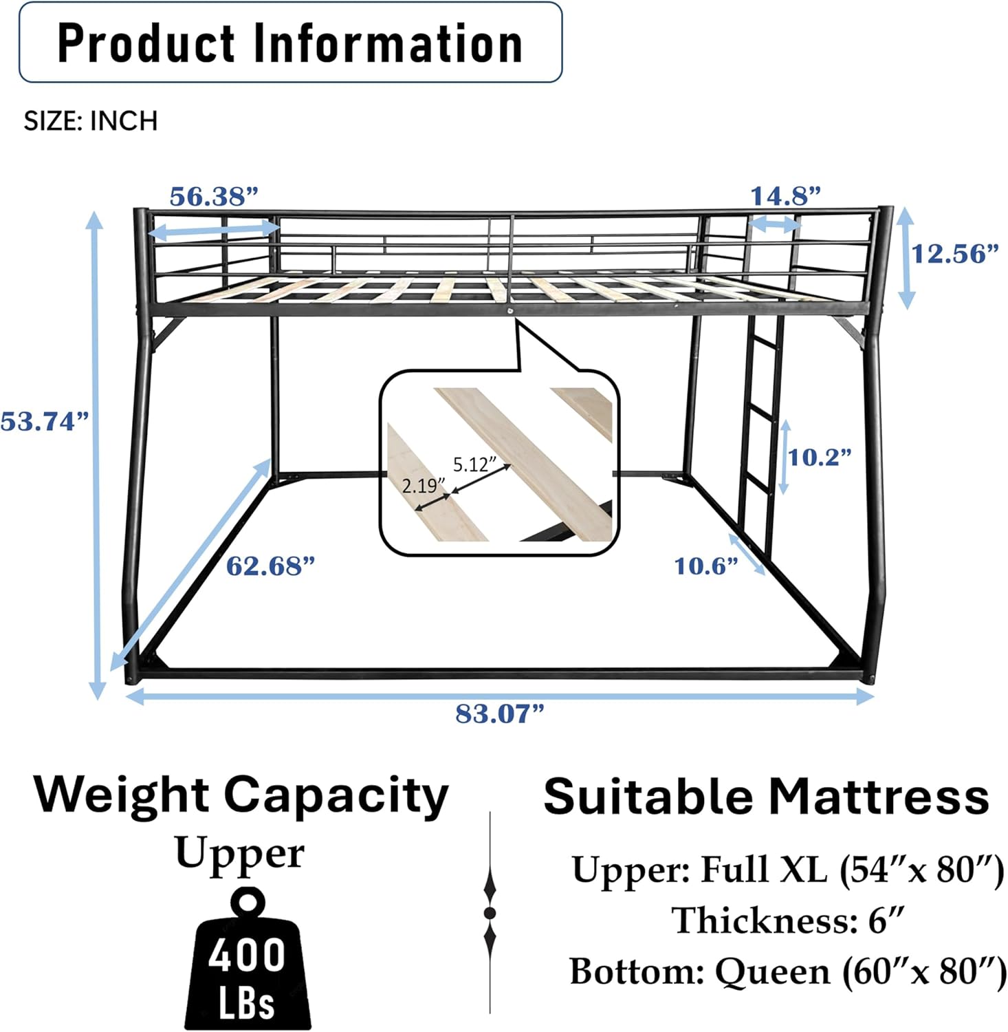 Product dimensions, weight capacity, and suitable mattress sizes for the DNYN Full XL Over Queen Bunk Bed.