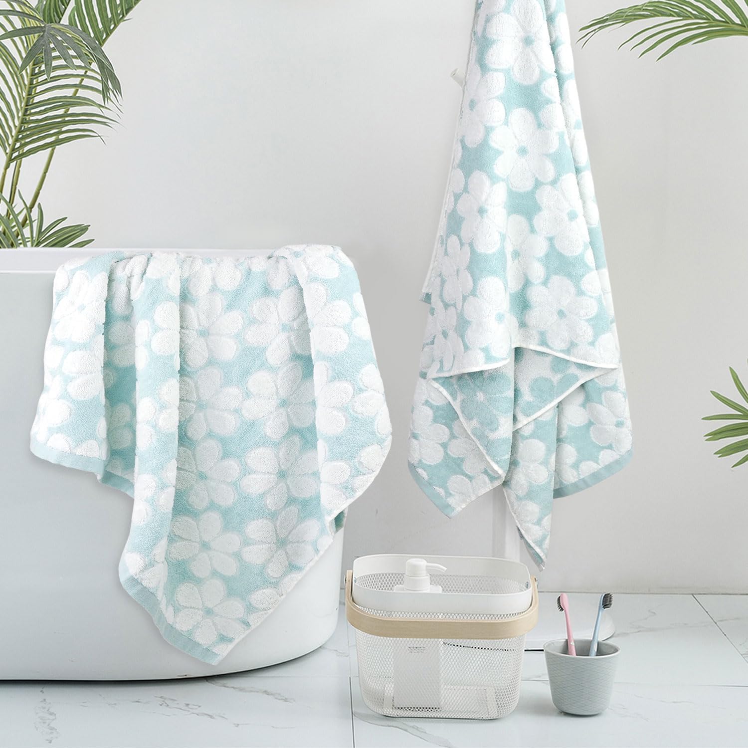 Jacquotha Lot de 2 Serviettes de Bain en Coton pour décoration de Salle de Bain avec Jacquard Floral, Super Douces et absorbantes, Grande Taille, 69,9 x 140,7 cm