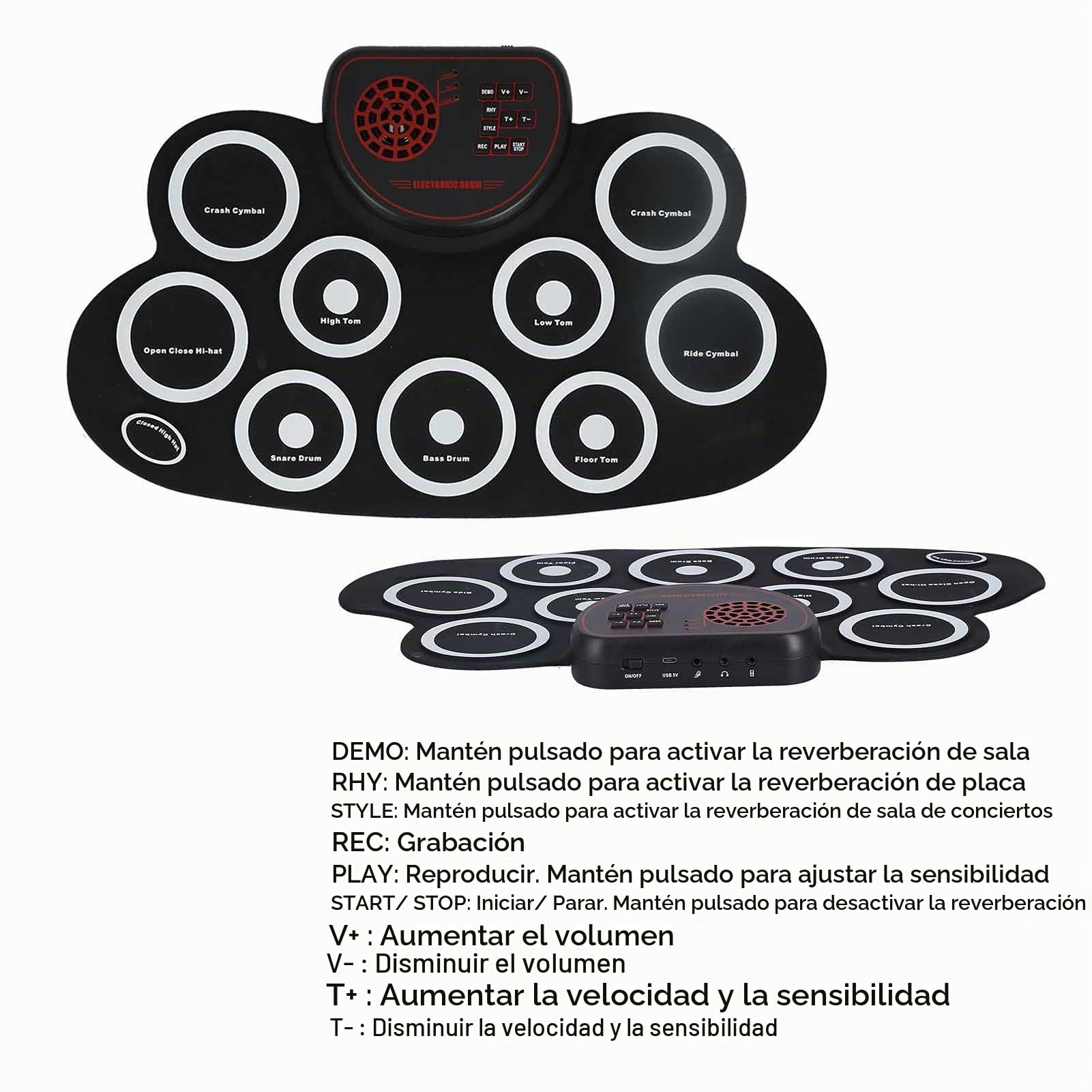 Batería Electrónica, Batería Enrollable, 9 Almohadillas Kit de Batería con Almohadillas de Práctica de Batería Enrollables, con Pedales de Batería y Baquetas, Altavoz Doble