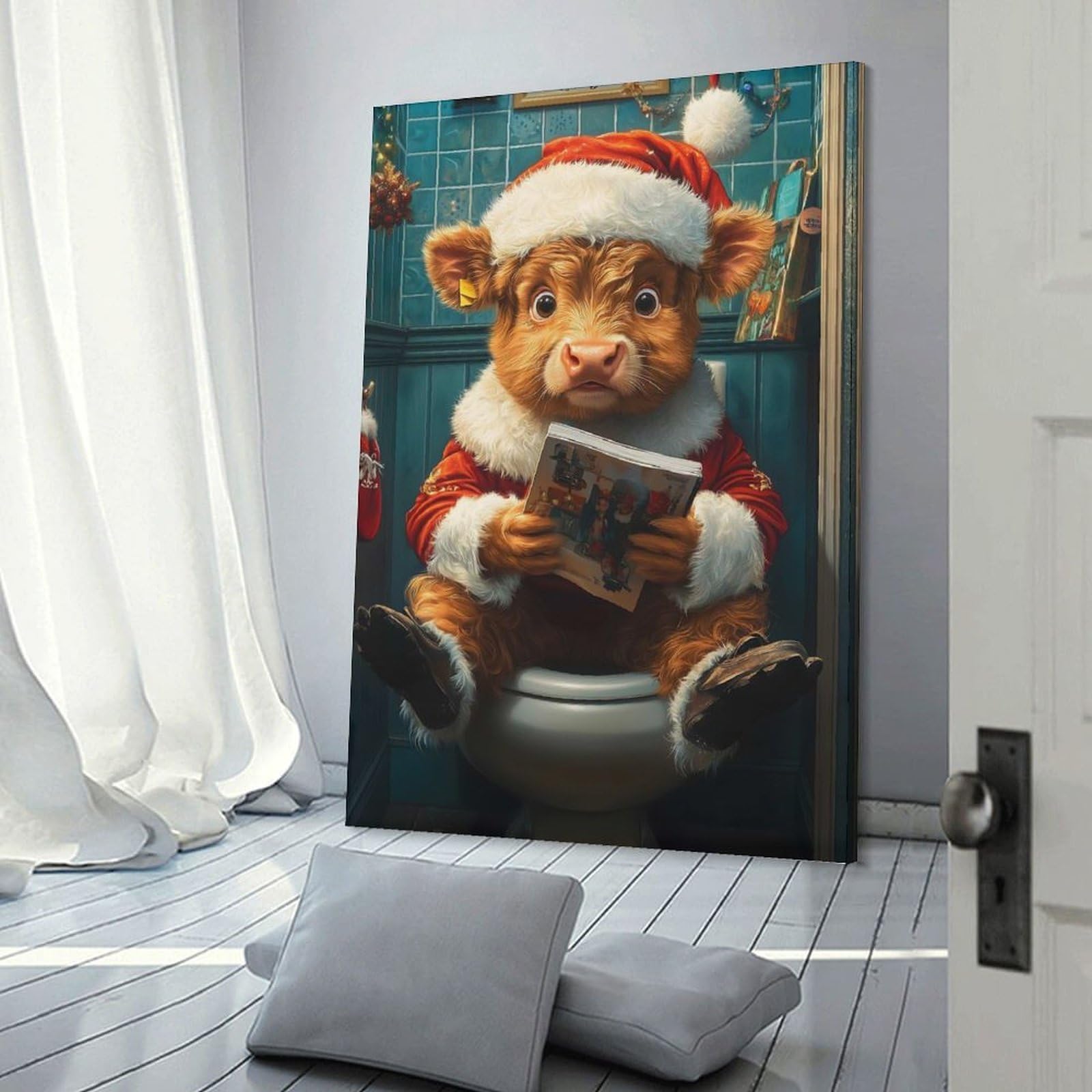 Junmoney Wall Decor Canvas Print Highland Cow Santa on Toilet, 24x36inch(60x90cm), for Bedroom Walls, Guest Spaces Or Lounges, An Easy Wall Refresh for Bedrooms