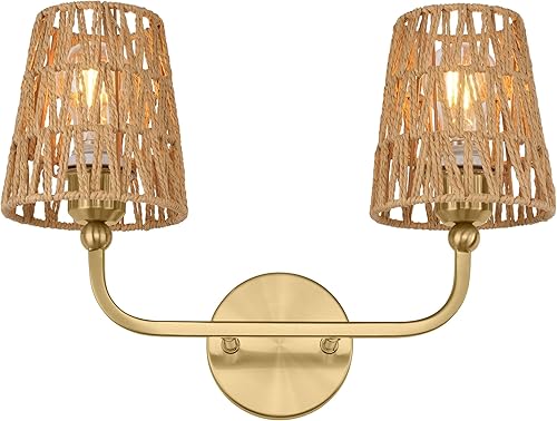 VL837-BG-RA-2 - Lámparas de baño de 2 luces, luces de ratán dorado cepillado, aplique de doble pared con pantalla tejida a mano acampanada, apliques