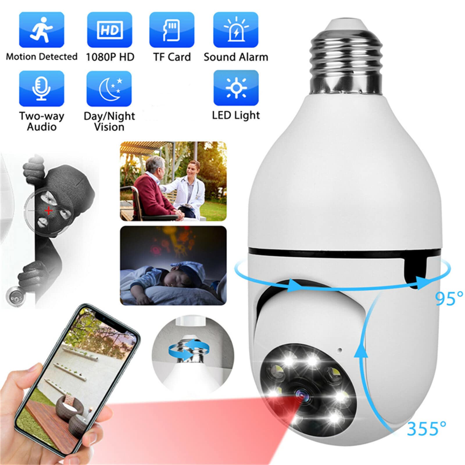 Caméra Ampoule 5G, Caméra De Surveillance Ampoule E27 Sans Fil Wifi Moniteur De Sécurité Vidéo Vision Nocturne Caméra De Suivi Humain Automatique
