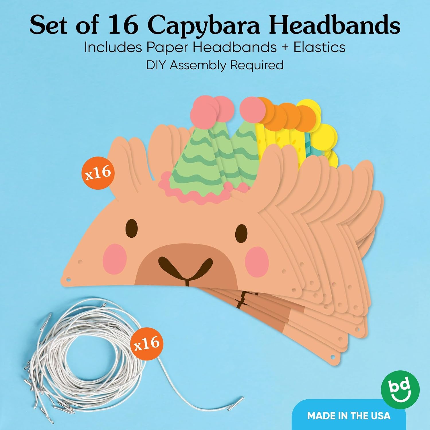Big Dot of Happiness Capybara Paper Headband Crowns, Capy Birthday Theme for Kids, DIY Capybara Party Hat Favors, 16 Count