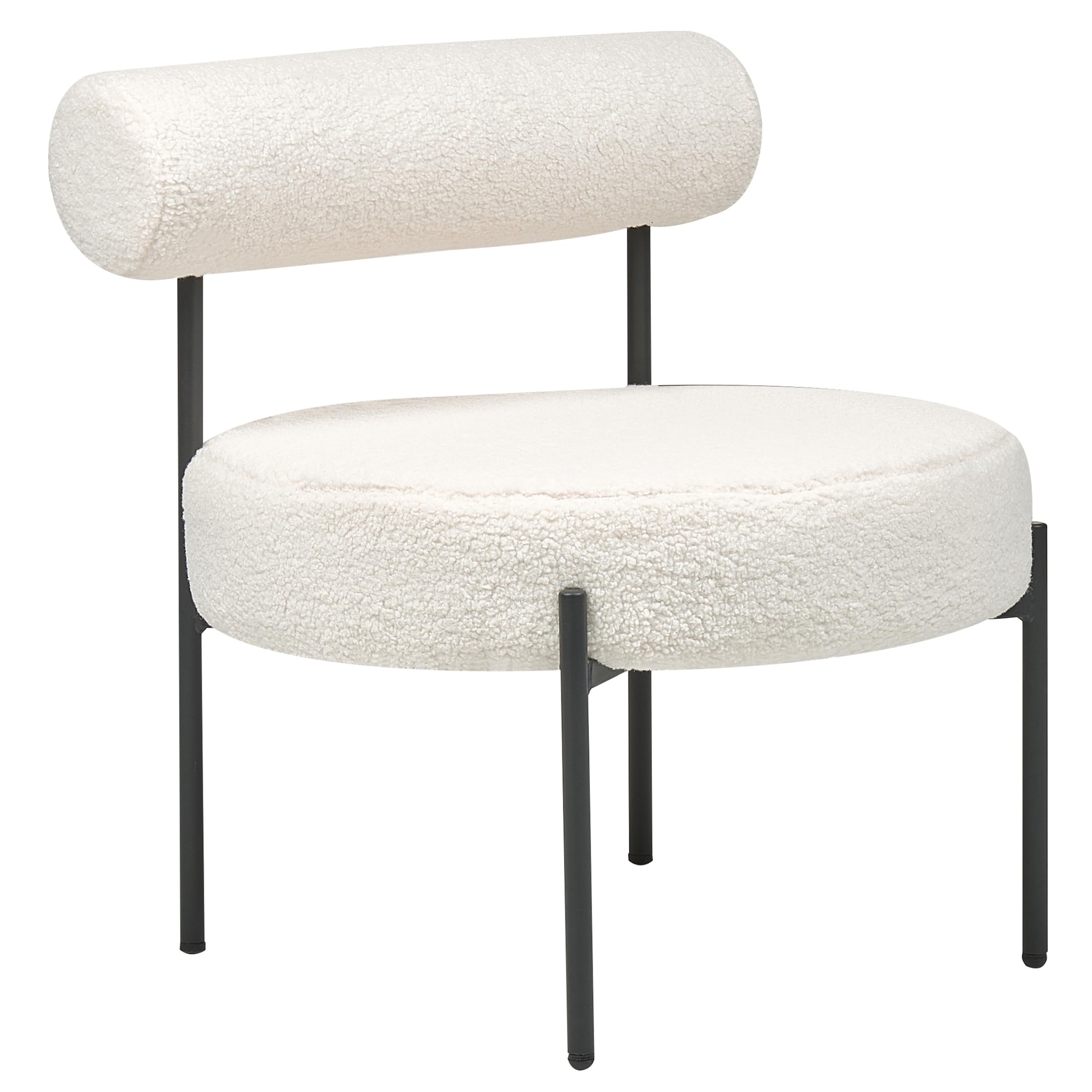 Sessel rund Bouclé weiß niedrige Lehne schwarze Metallbeine Retro Alpha