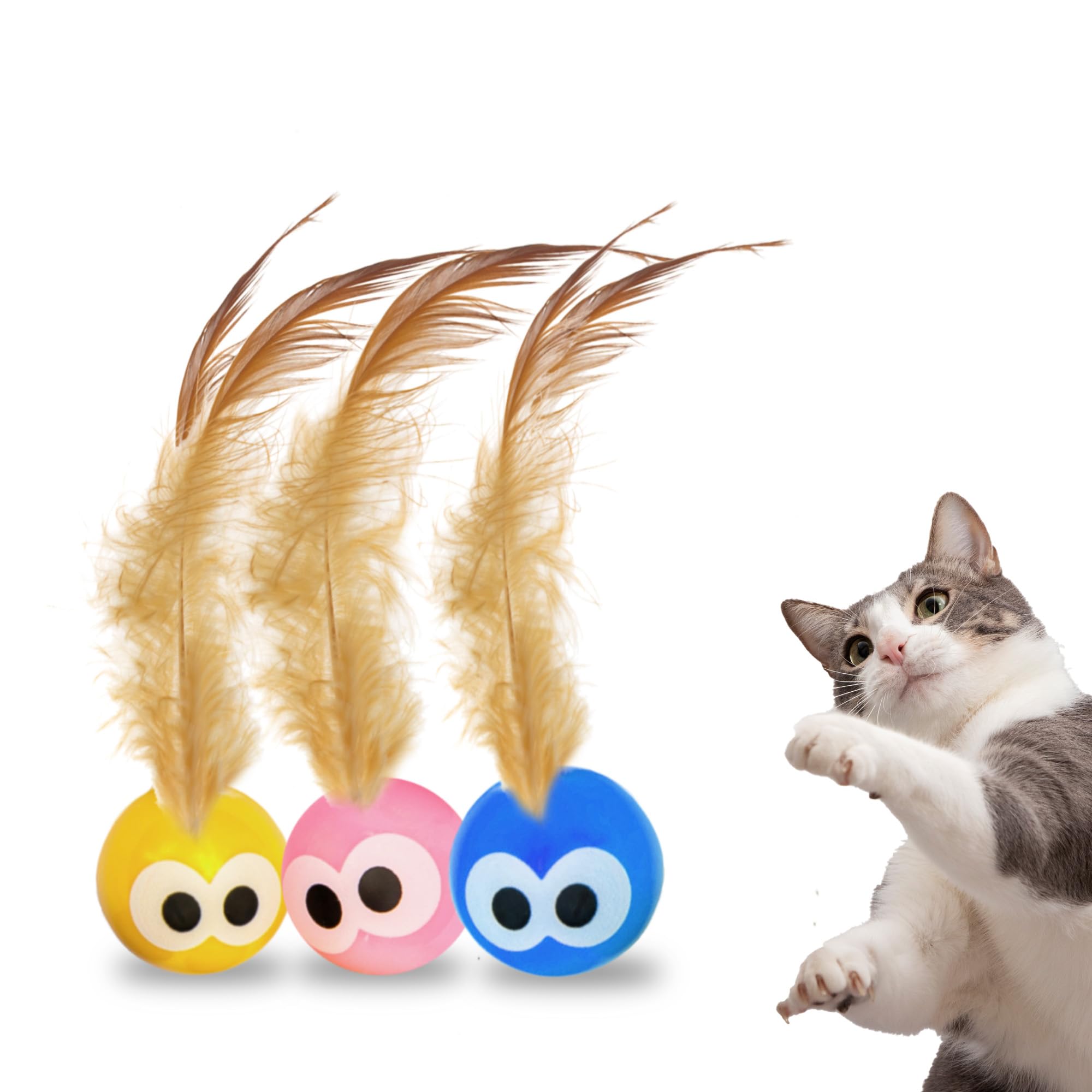 Bouncy Tails 3 Pack Interactive Bouncy Ball with Natural Feathers for Indoor Cats and Kittens who Love to Play and Have Fun.