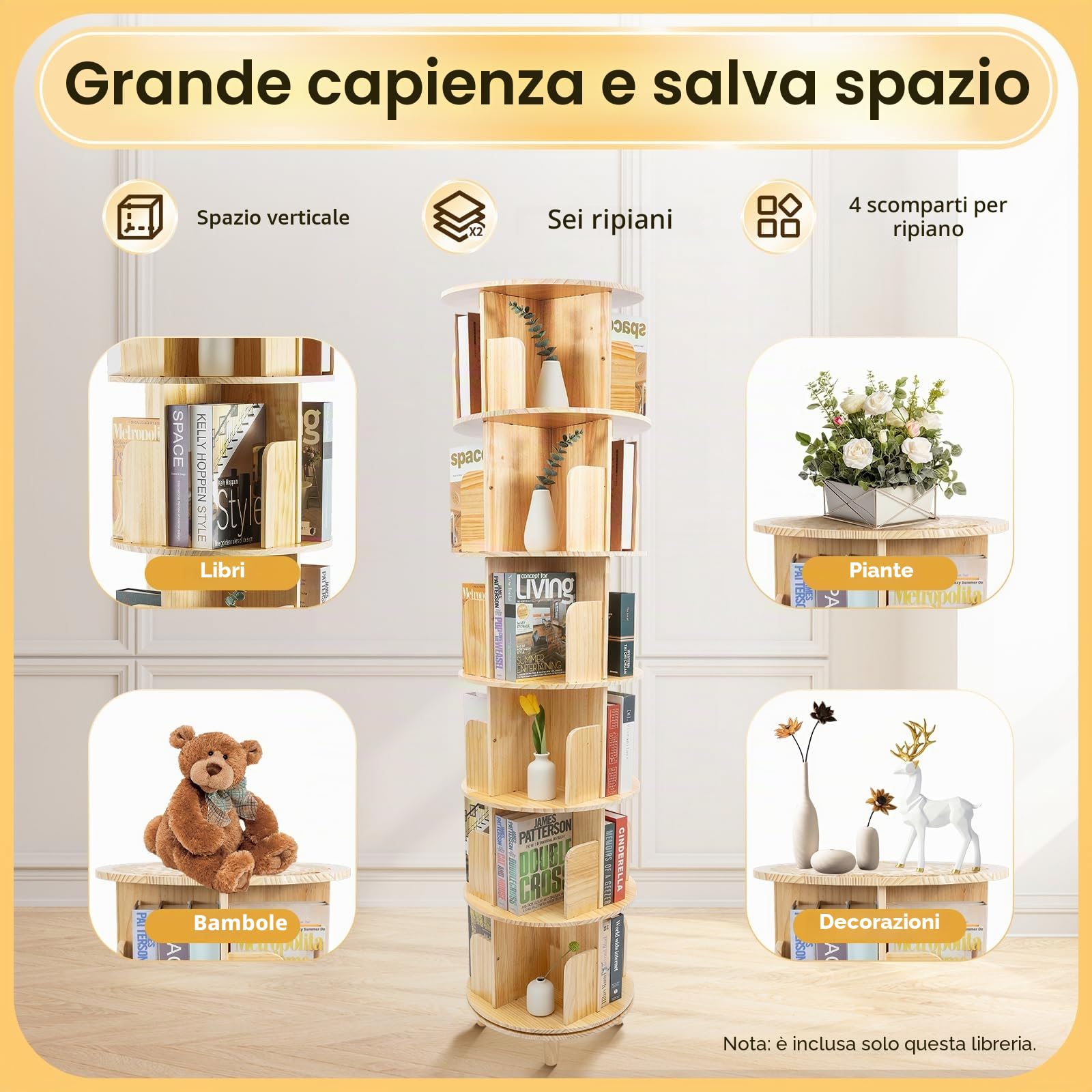 Libreria girevole a 6 livelli, a 360 annunci, a torre, in legno massiccio, girevole, per corridoi, balconi, camera da letto, organizer multifunzione, altezza dello strato 31 cm