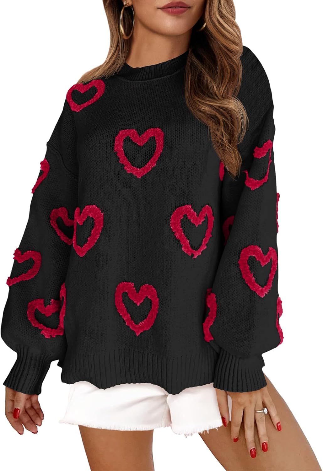Saodimallsu Womens Heart Sweater Valentines Oversized Cute Winter Chunky Knit Crew Neck Side Slit Pullover Sweaters