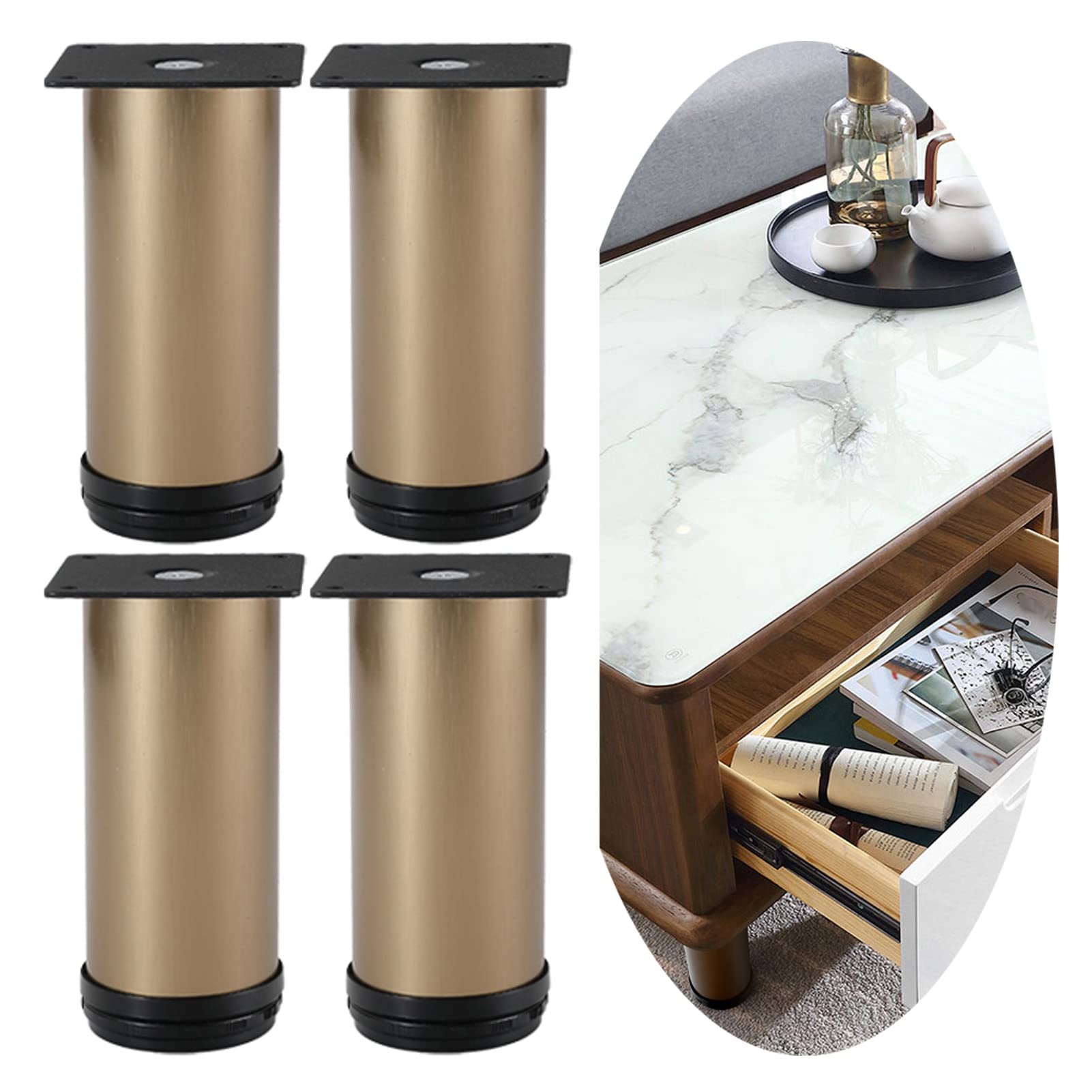 4 Piezas Patas para Muebles, Regulables en Altura 0-30 mm, Pies para Armario de Acero Inoxidable, para Sofa Mesa Estantes Cama, con Tornillo, Dorado champagne (60cm/23.62in)