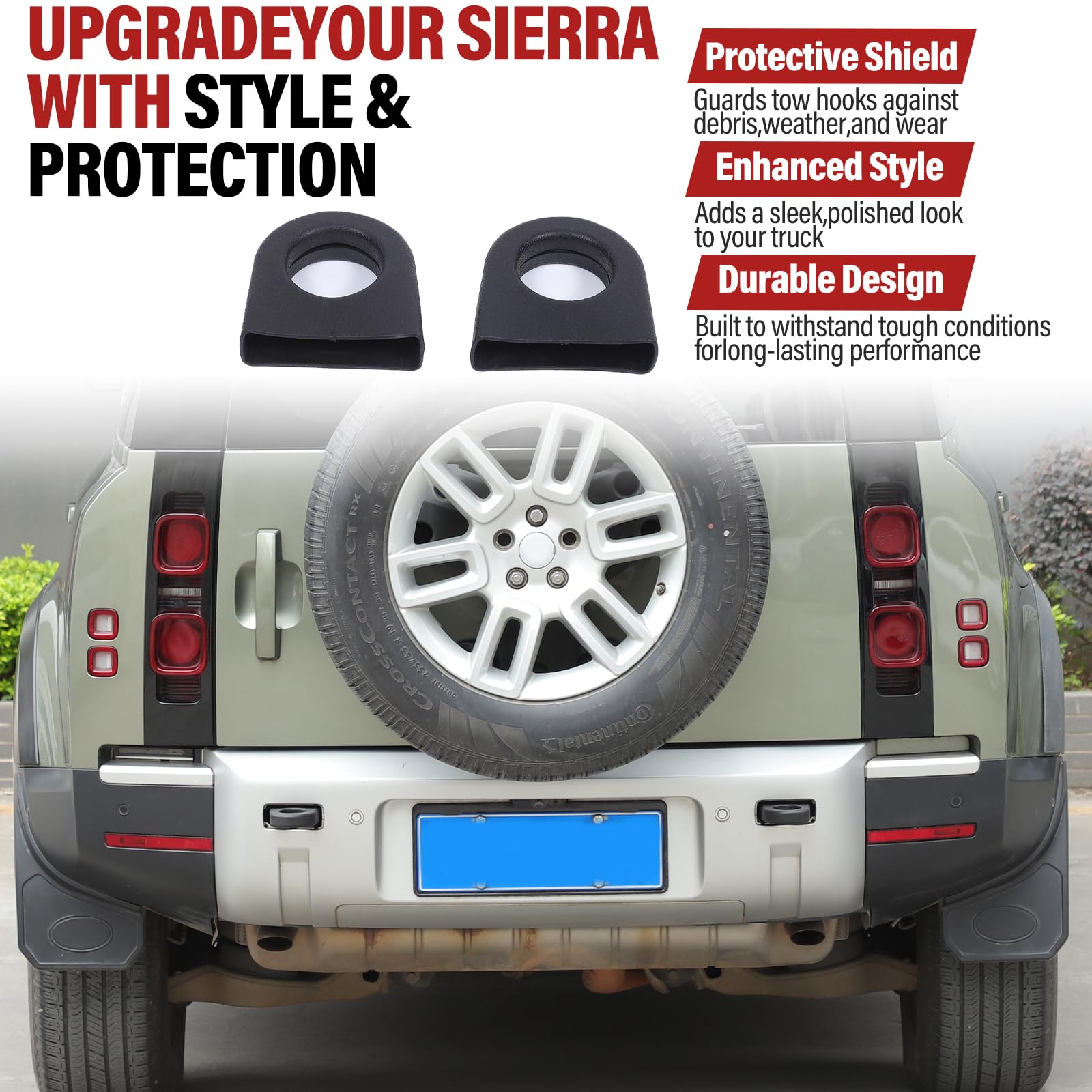 2 fundas de anillo de gancho de remolque compatibles con LR Defender 90 110 130 2020-2025, cubierta protectora de gancho de remolque de parachoques trasero de coche, accesorios exteriores
