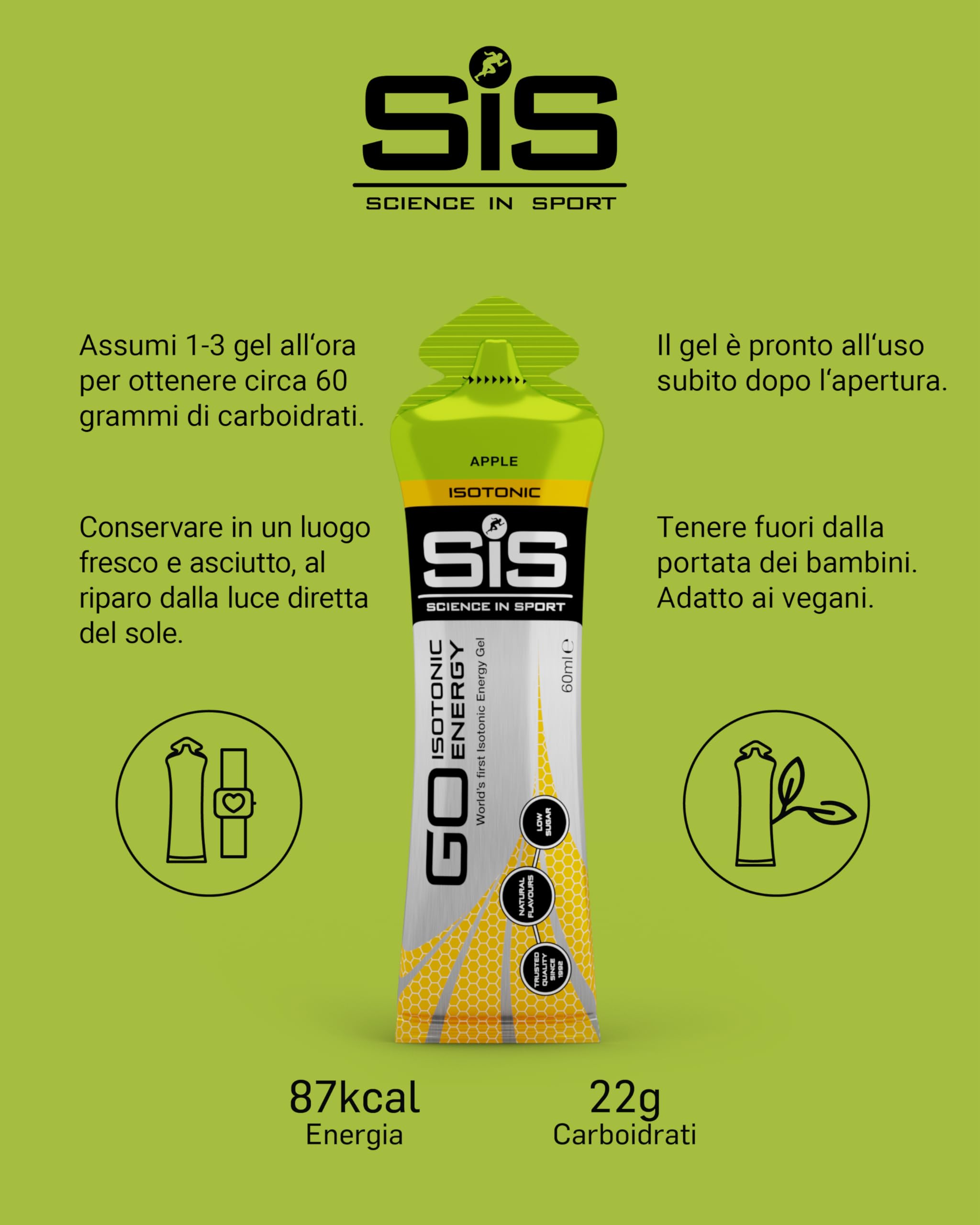Science in Sport GO Isotonic Energy Gel 15 x 60ml Mela, Vegano - Gel energetico con 22g di carboidrati, A basso contenuto di zuccheri, Alternativa ideale alle bevande isotomiche