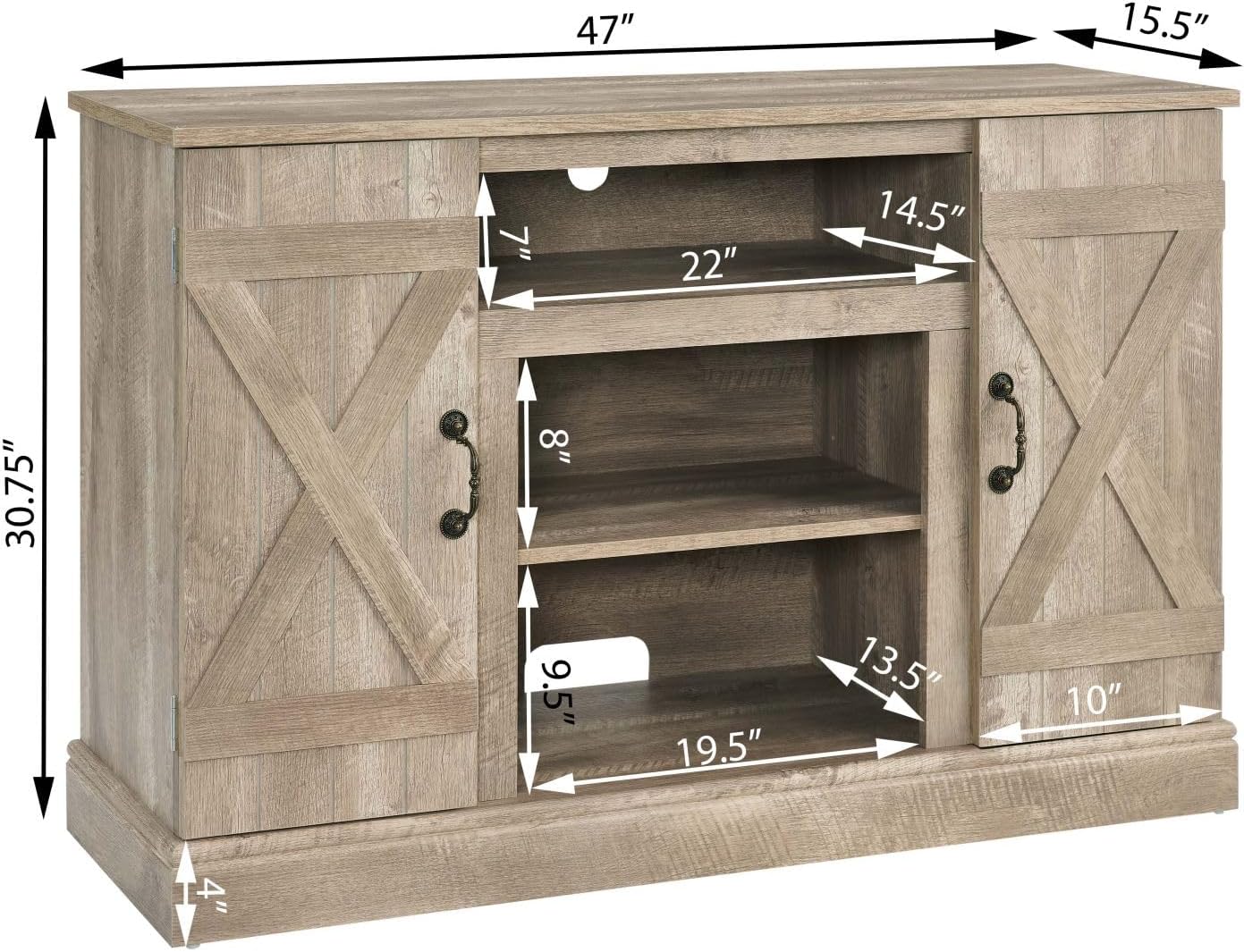 Meihua 47 Inch Farmhouse TV Stand with 18" Electric Fireplace, Wood Entertainment Center for TV up to 55 Inch with Open Storage Cabinets for Living Room. (Wash Gray, 18" Electric Fireplace)