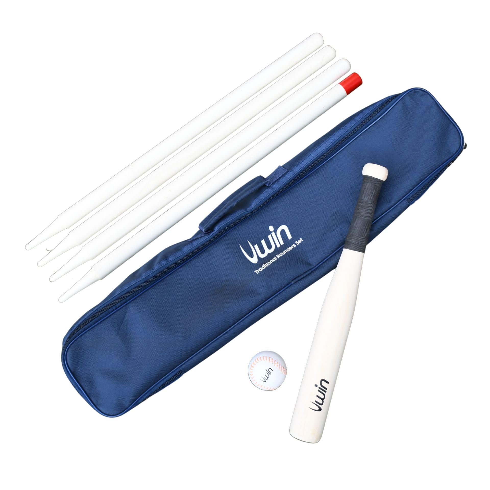 Uwin Traditional Rounders Set, Complete Bat, Ball, 4 Wooden Stumps and Blue Carry Bag, Classic Outdoor Garden Kit for Beginners and Seasoned Players