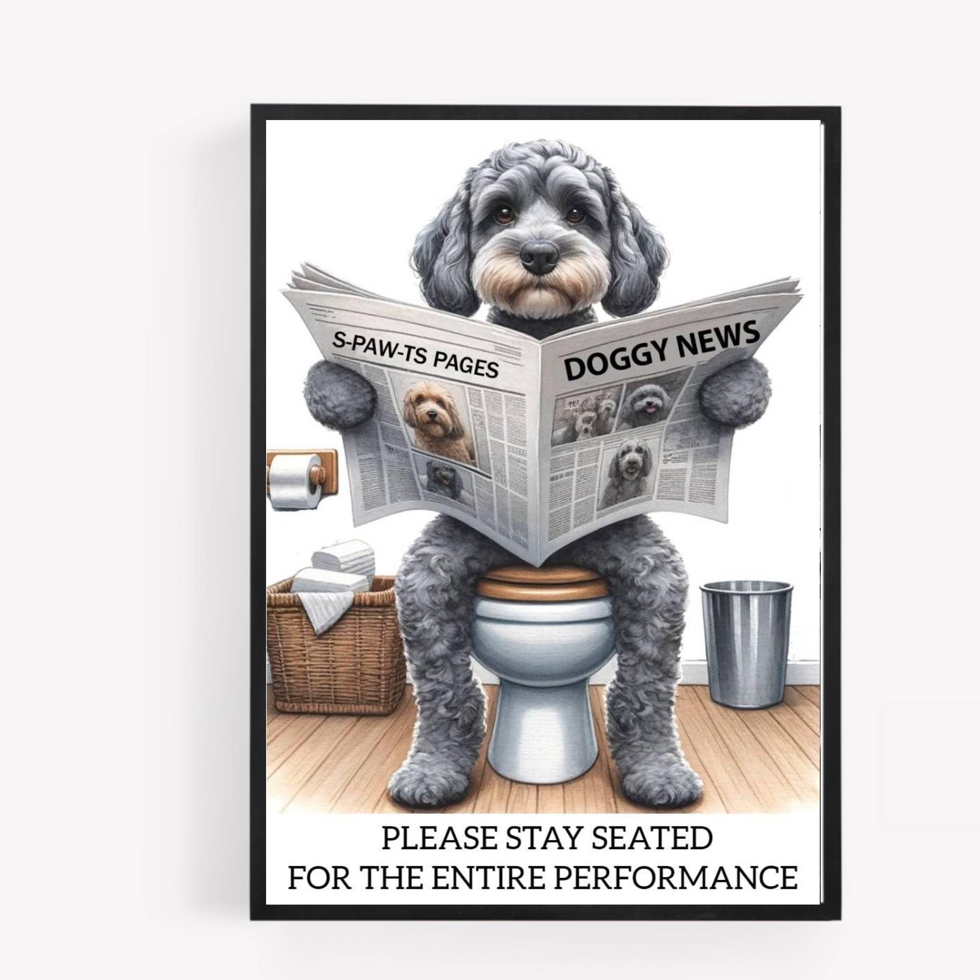 Gfc Black White Funny Bathroom Toilet Animal Print Picture Poster Cockapoo Cavapoo Dog On A Toilet Reading Newspaper A4 Unframed Wall Art Home Decor Decorating Be Sated For The Entire Performance Grey
