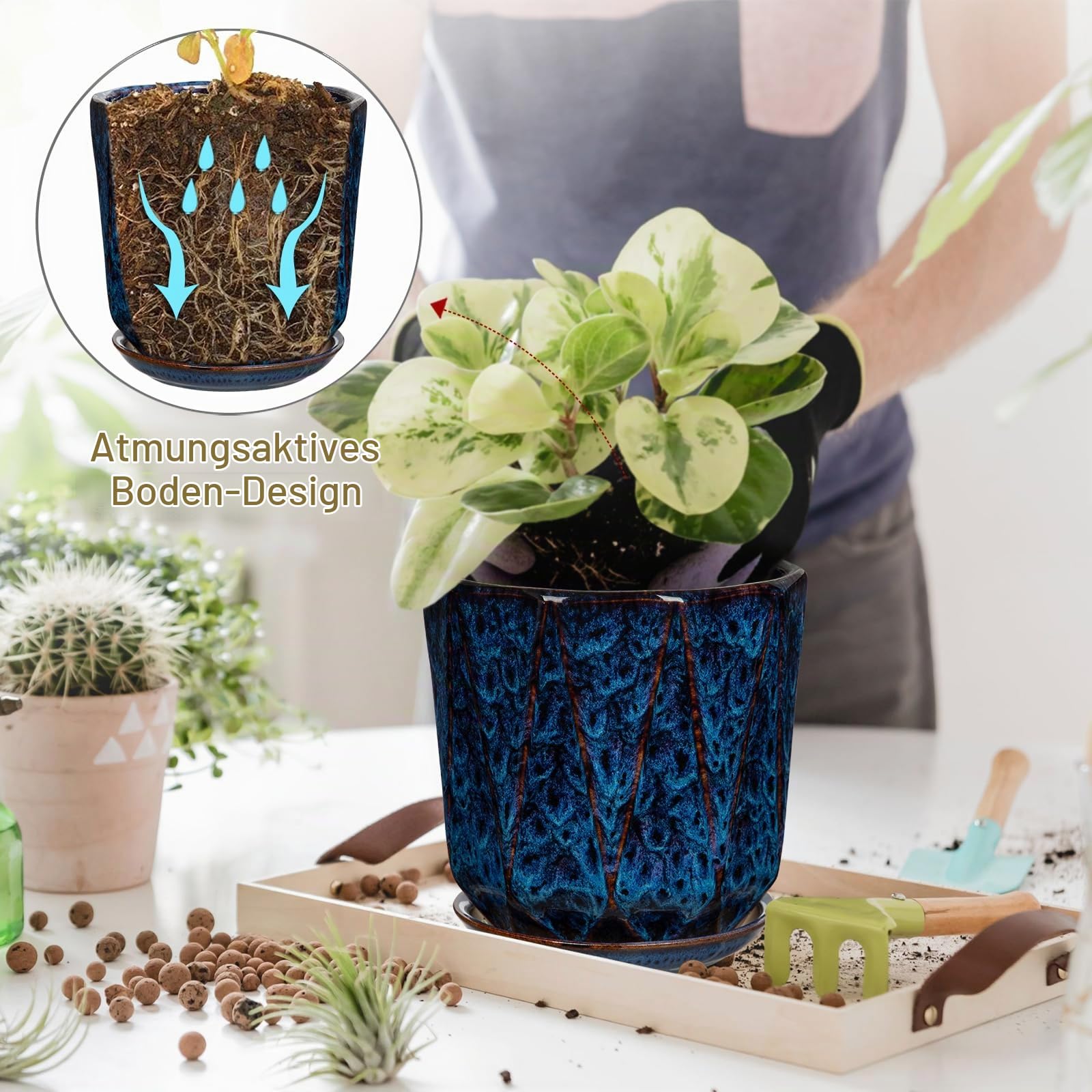 Oairse 2er-Set Blumentopf Keramik 18cm+14cm, Mittelgroßer Zylinder Blumentopf, Reaktive Glasur mit Drainageloch-Untersetzern für Zimmerpflanzen, Retro-Dekoration für Gartenbehälter-Sets im Freien