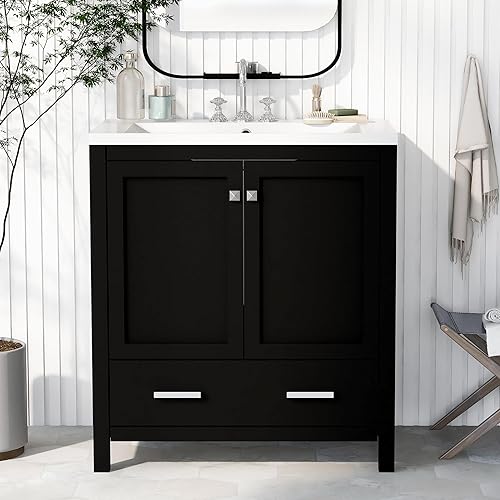 Miniatura 3 de Merax Tocador de baño de 30 pulgadas con lavabo individual, armario combinado de montaje inferior, armario de almacenamiento de baño con 2 puertas y