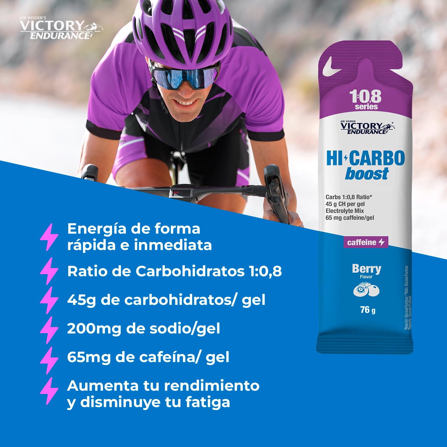 Victory Endurance HI Carbo Boost Gel 1:0,8 Series (12x76g) Sabor Frutos Rojos Con Cafeína, Alto en Carbohidratos con 45g/gel, 200mg sodio/gel, Energía inmediata, Aumenta Rendimiento, Disminuye Fatiga