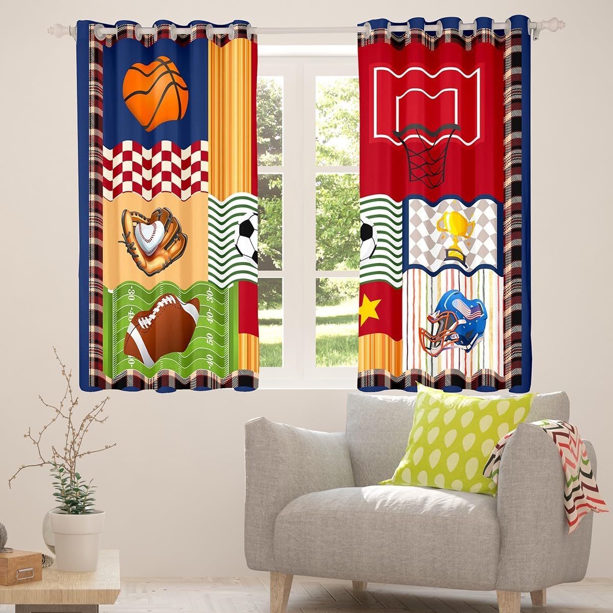 Boys Football Window Curtain Cartoon Ball Sports Themed Curtains for Kids Teens Child Room Decor Colorful Geometric Grid Stripes Window Treatment Curtain Cute Baseball Rugby Window Drapes