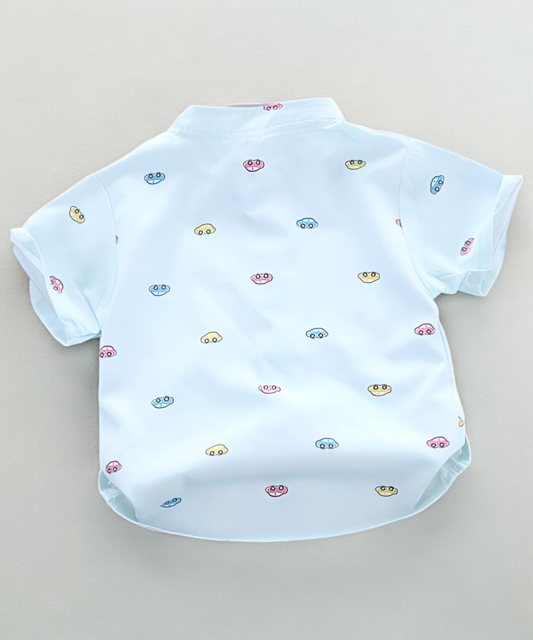 VANI COUTURE Short Sleeve Button-Down Shirt with Car Print Pattern, White and Blue, Toddler Boys 2
