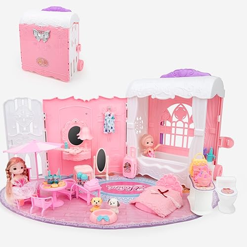deAO Casa de muñecas casa de ensueño portátil para niñas, casa de muñecas de viaje con dos figuras de juguete y muebles completos, casa de juguetes