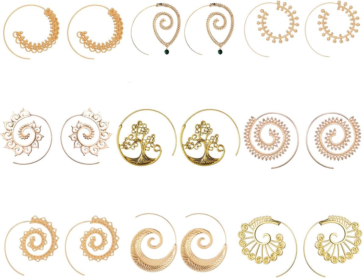 9 Pairs Gold/Silver Bohemian Vintage Tribal Swirl Spiral Statement Hoop Earrings Set For Women
