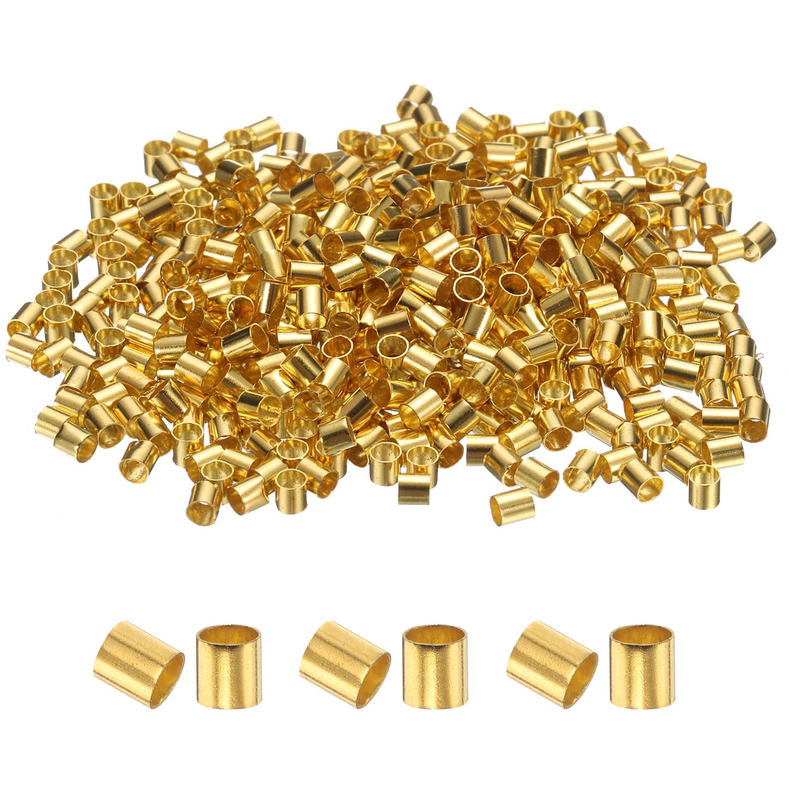 sourcing map 500 Pcs Tube Crimp Beads, 2.5x2.5mm Copper Crimp Beads End Stopper Tiny Loose Spacer for Earrings Necklaces Bracelets Pendant DIY Crafts, Gold