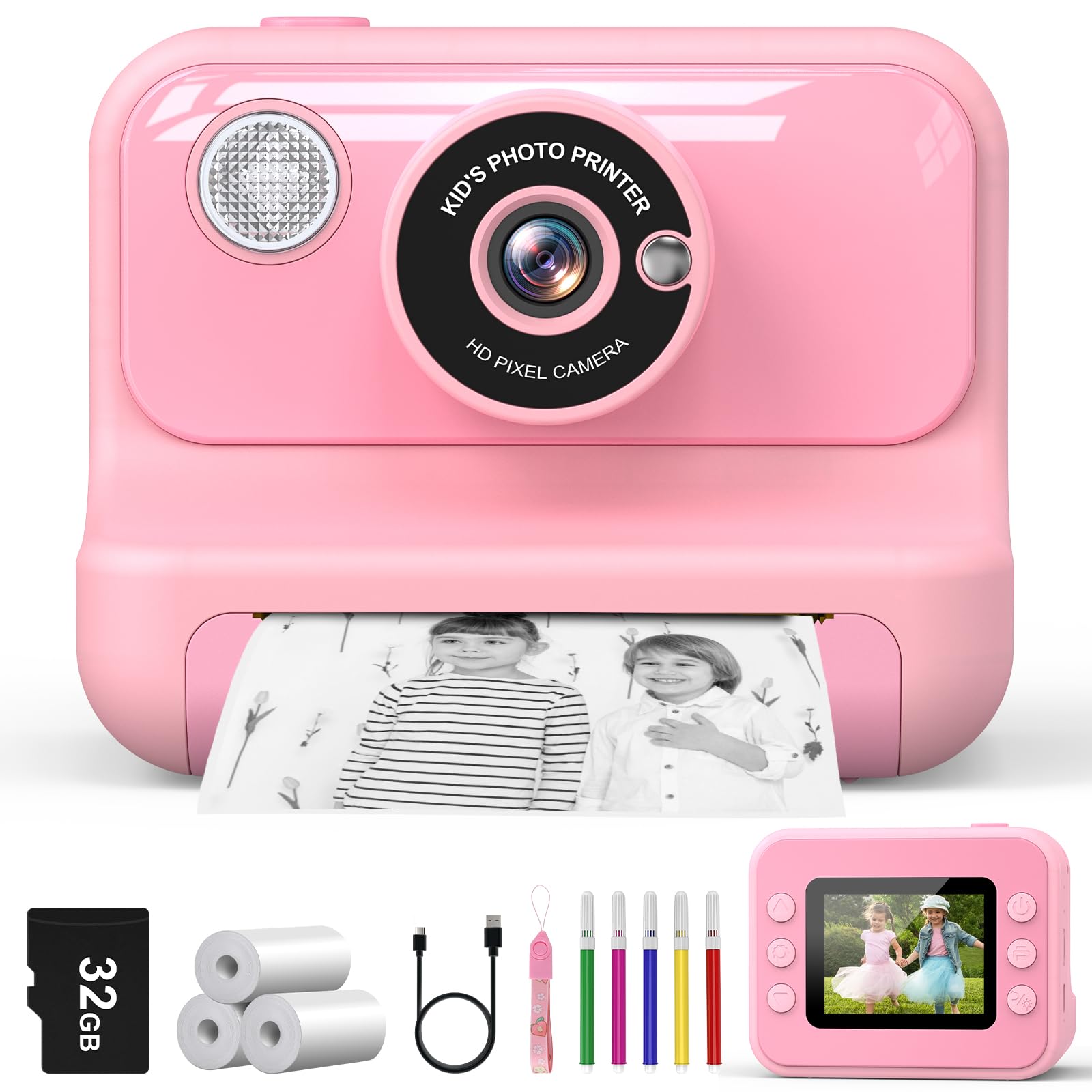 Cámara Instantánea Niños, 2.4'' Pantalla Camara Fotos Infantil Instantanea con Tarjeta 32GB y 3 Rollos de Papel, Regalo de Cumpleaños para Niños y Niñas de 3 a 12 Años