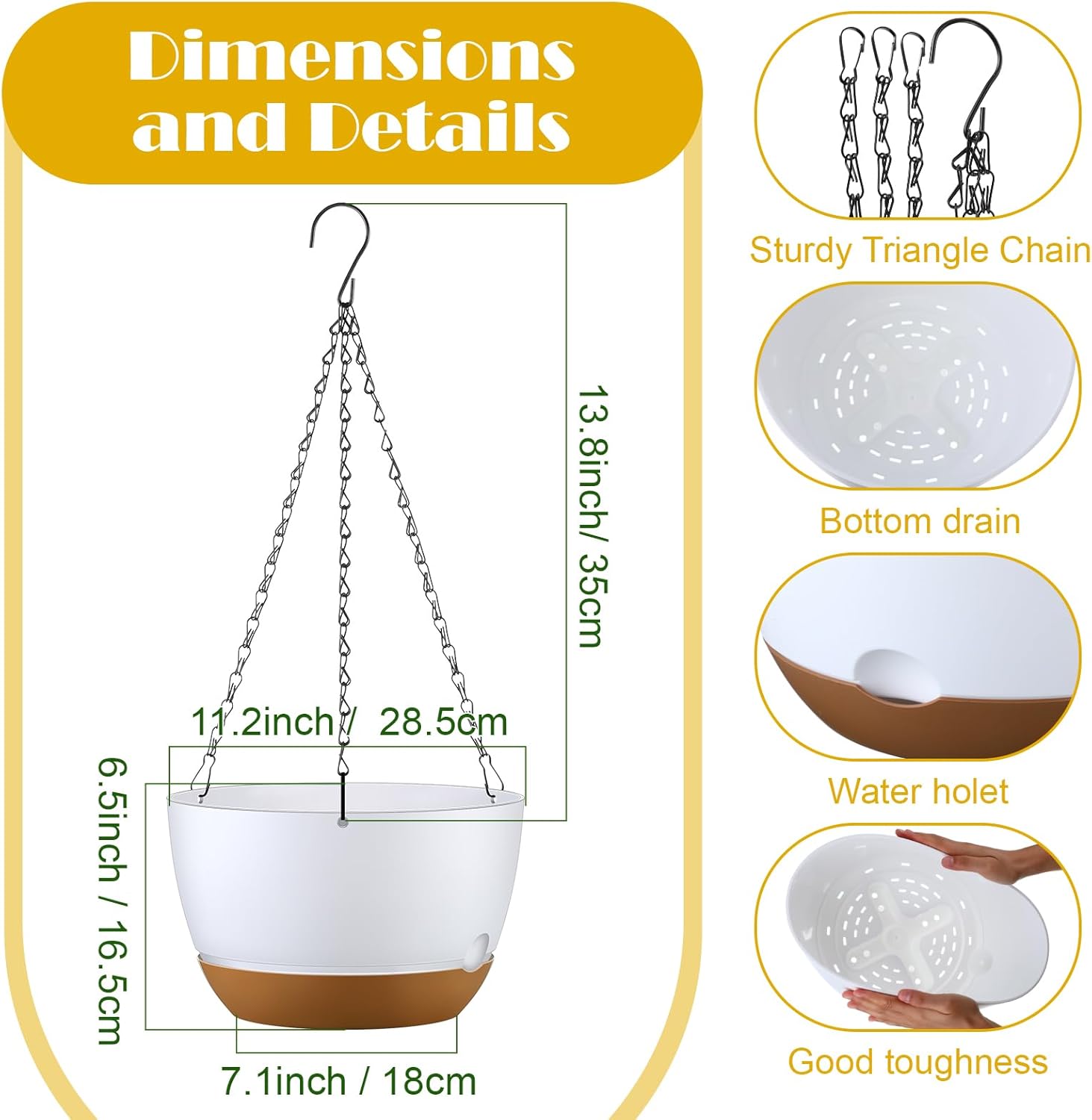 Remerry 6 Pcs 11.2 Inch Hanging Planters Hanging Plant Basket for Indoor Outdoor Plants Set Plastic Hanging Flower Pot with Drainage Holes and Removable Trays for Home Garden (White)