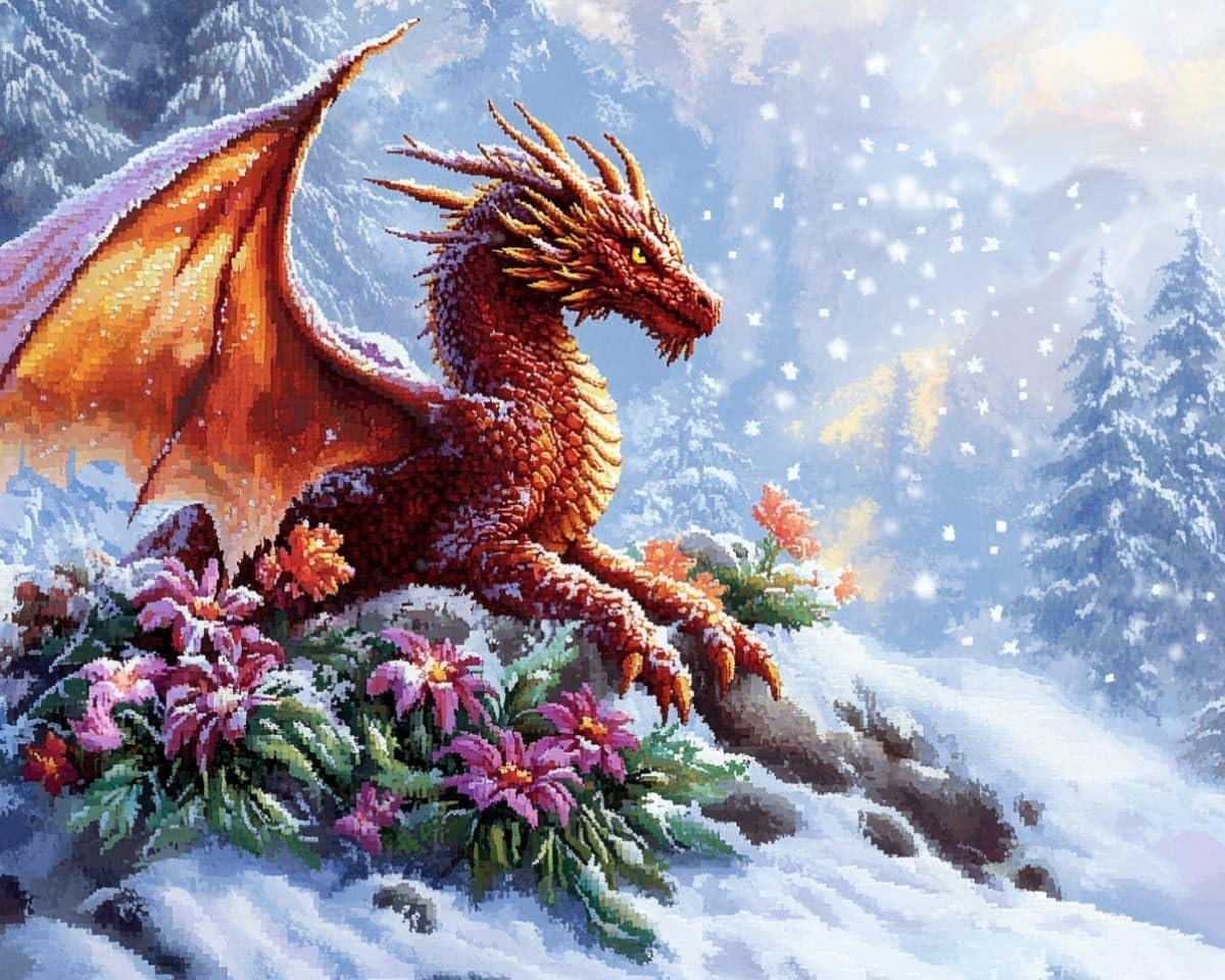 AxiangziK Stamped Cross Stitch Kits for Adults,Dragon in the Snow Beginners DIY Gift Embroidery Needlework Crafts Home Decor 12x16 inch Easy (11CT Pre-Printed)