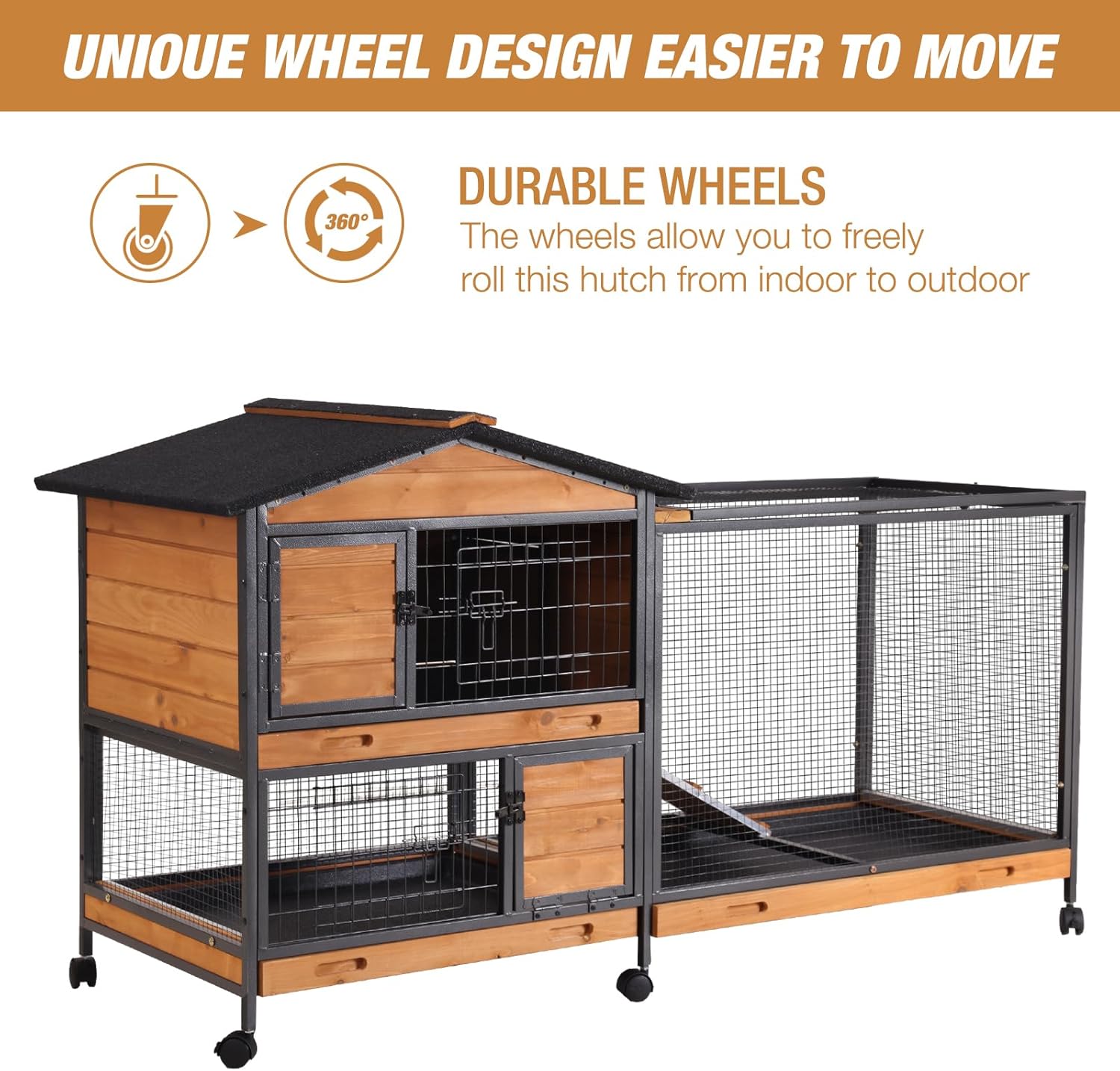 Rabbit Hutch Bunny Cage Strong Iron Frame Rabbit Cage Indoor and Outdoor Chicken Coop with Casters Waterproof Roof, Great for Rabbit,Bunny,Guinea Pig,Chickens.