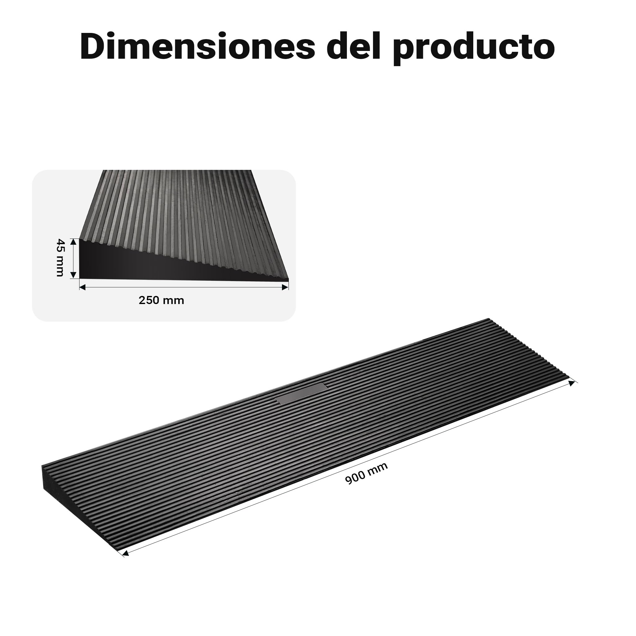 Wiltec Rampa de Goma 900 x 250 x 45 mm Recortable a Medida con Capacidad de Carga de 50 toneladas y Superficie Antideslizante, Ideal para bordillos y umbrales