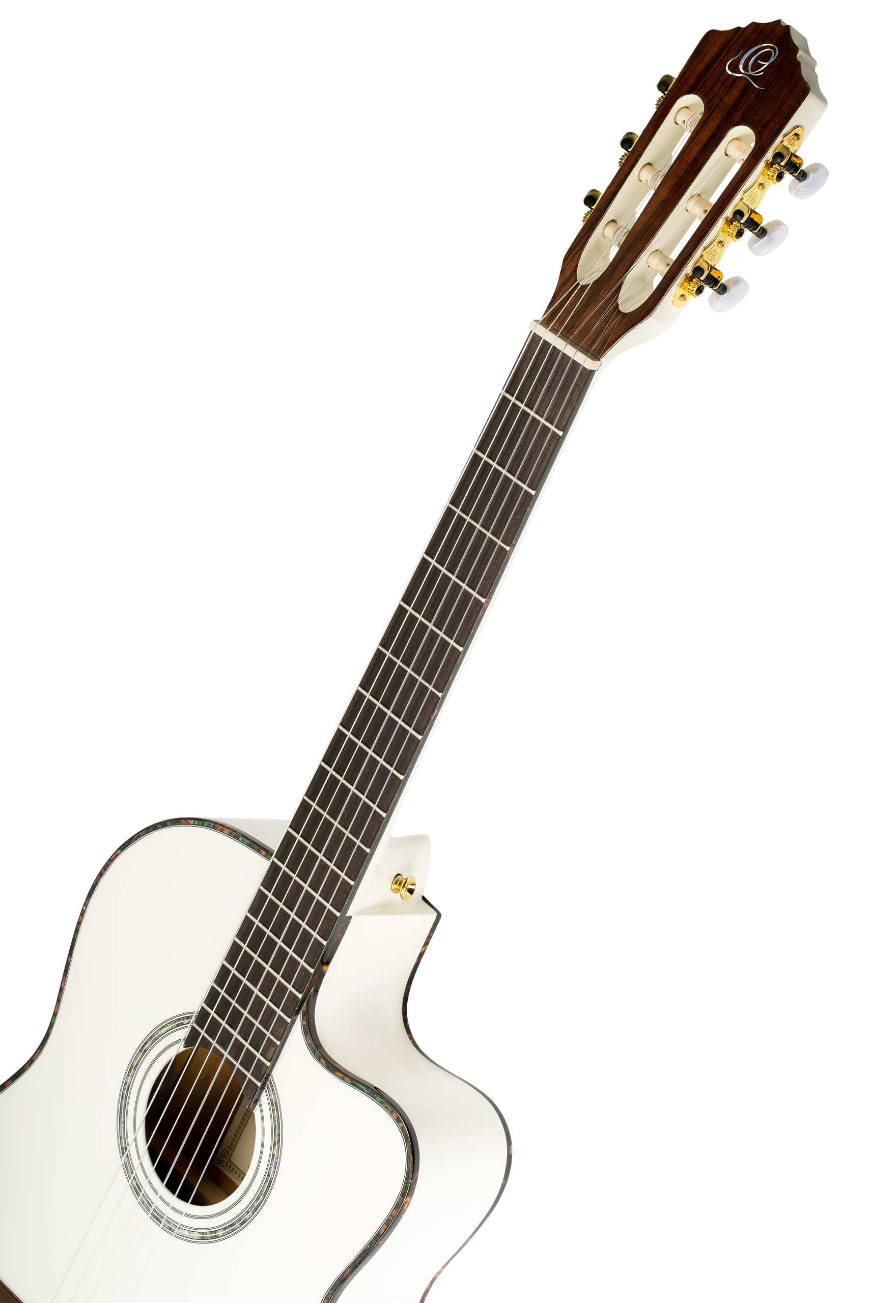 Ortega Guitars Guitare Classique Électro-Acoustique – 4/4, Slim Neck, Format Thinline – Family Series Pro – Housse Incluse – Épicéa Engelmann Massif / Acajou, Blanc (RCE145WH)